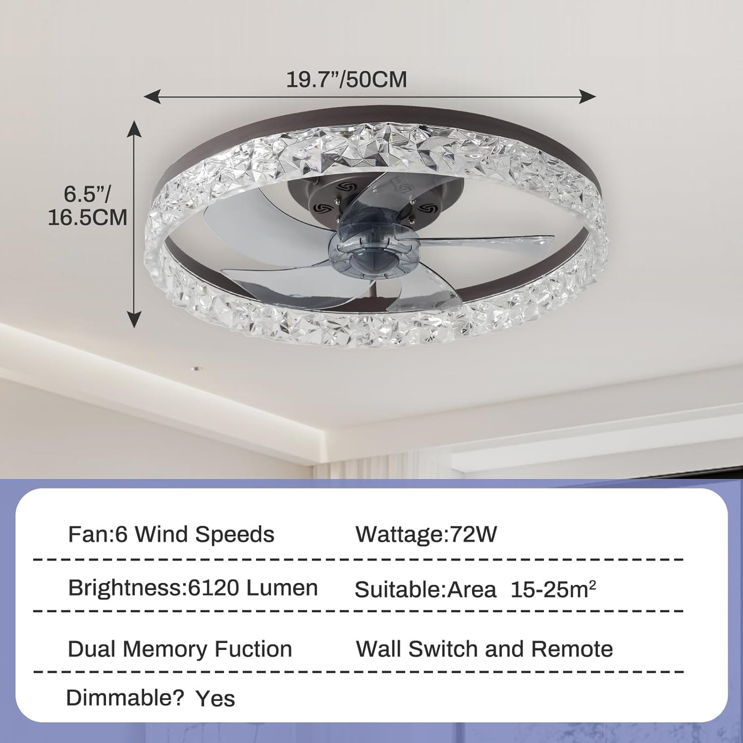 20" Low Profile Ceiling Fans with Lights and Remote Fandelier Ceiling Fan Flush Mount 3000K-6500K Smart Bladeless LED Fan Light Brown Modern Ceiling Fans with Lights for Bedroom