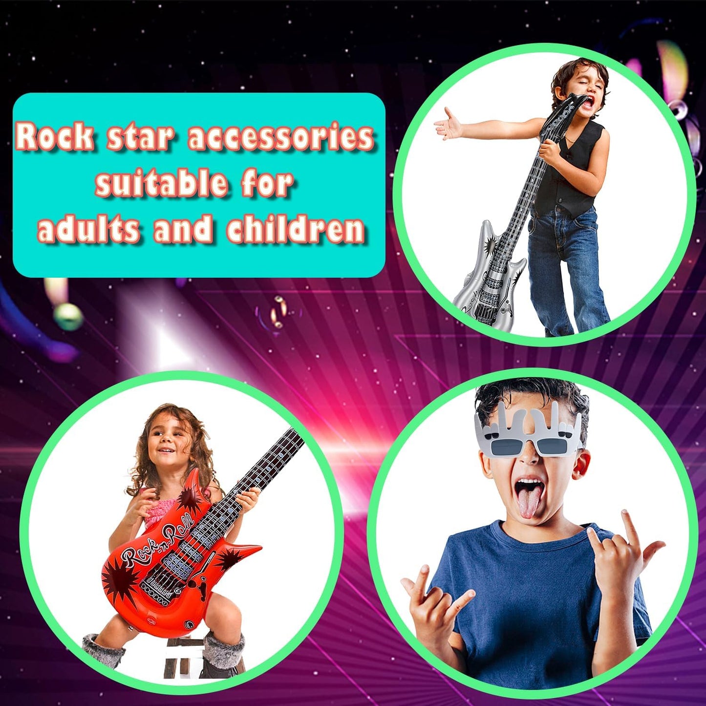 Large Rock Star Funny Sunglasses Set, Rock and Roll Party Funny Music Sunglasses, Inflatable Guitar Microphone for 70s, 80s, 90s, Music Party, Photo Booth Props for Carnival Rock and Roll Party