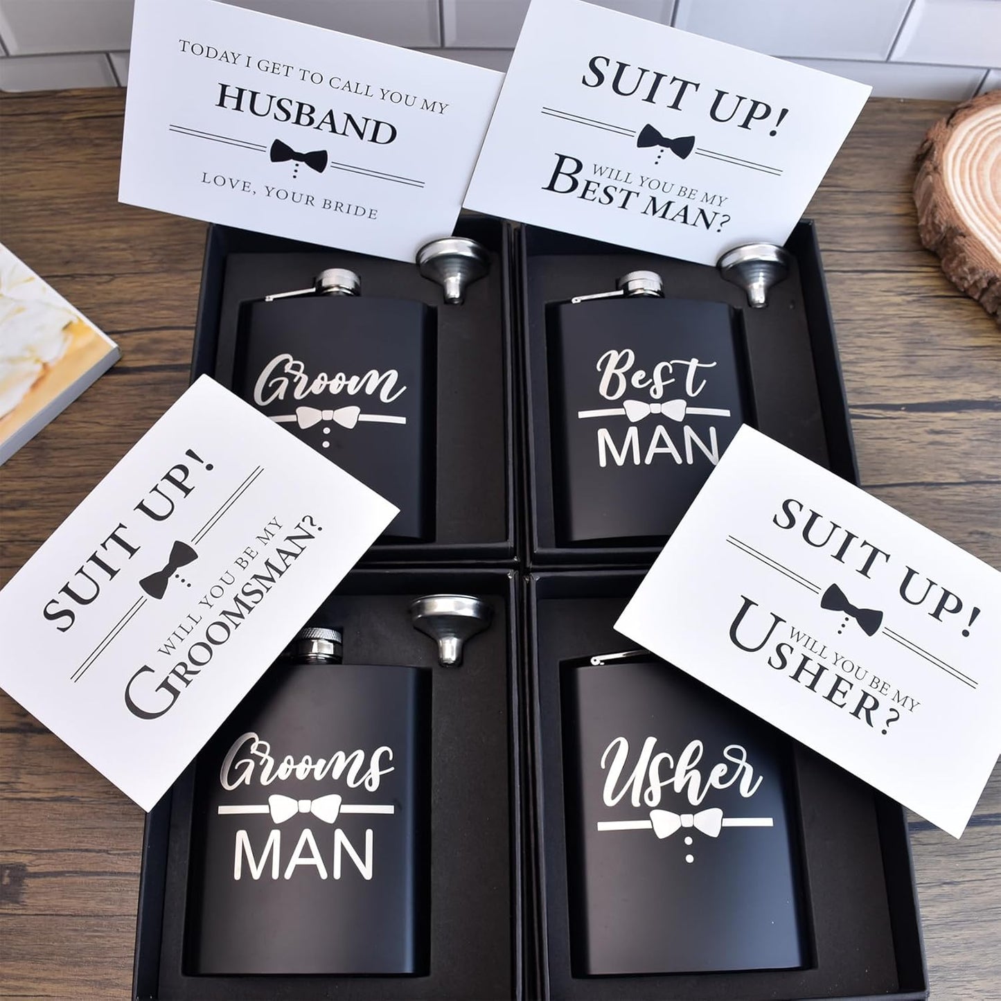 ELEGANTPARK Engraved Groomsman Flasks Set of 6 Best Man Groomsmen Proposal Gifts Wedding Bachelor Party Favor Stainless Steel Hip Flask for Liquor with Funnel for Men 8 OZ Black 