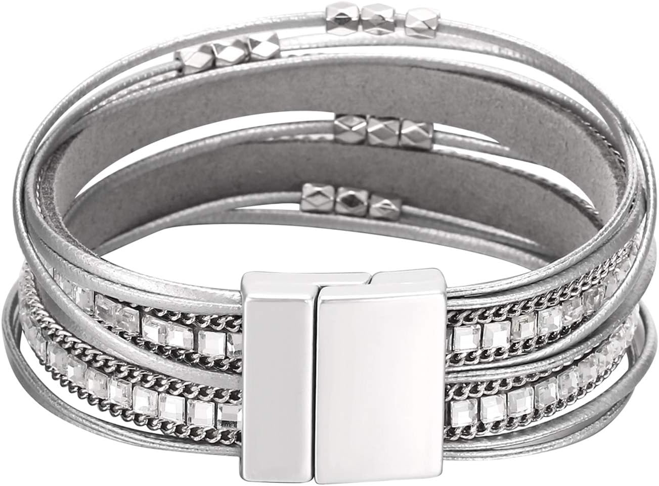 Fesciory Leather Wrap Bracelets for Women, Boho Leopard Multi-Layer Crystal Beads Cuff Bracelet Jewelry