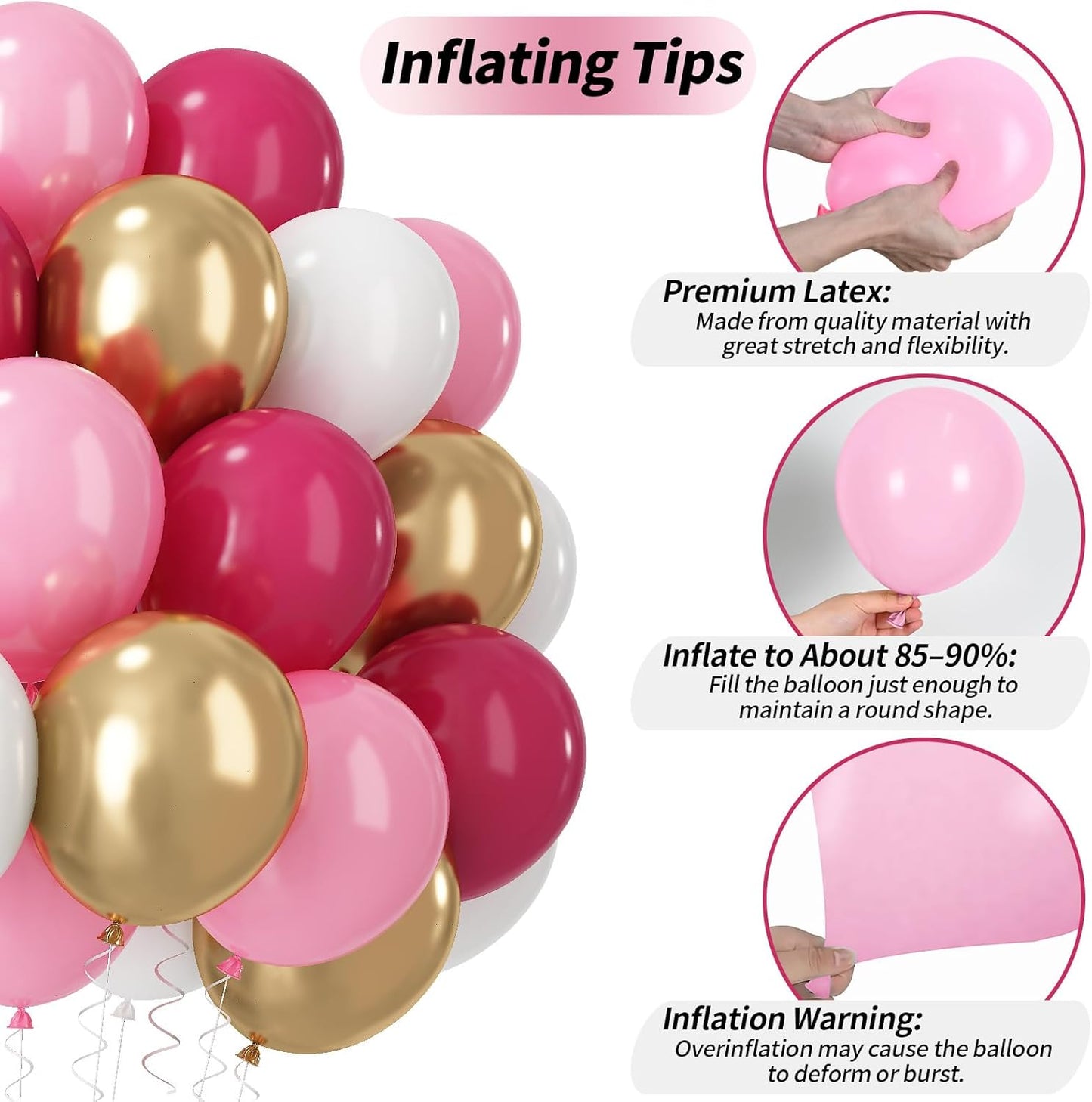 Pink and Gold Balloons Set, 60 PCS 12 Inch Princess Balloons Pastel Hot Pink White Metallic Gold Latex Helium Balloon for Girls Women Birthday Wedding Bridal Baby Shower Anniversary Party Decorations