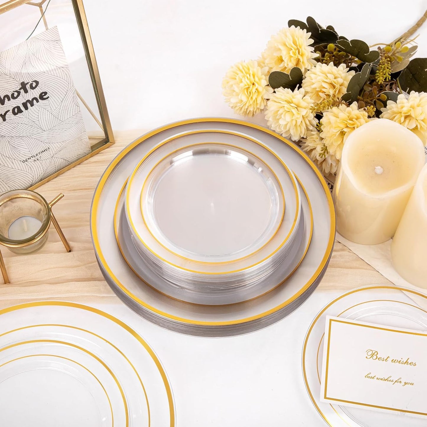 I00000 200 Pcs Clear Gold Plastic Plates - Disposable Party Plates, Gold Plate Disposable Include 100 Dinner Plate and 100 Dessert Plate, Plastic Plate for Party, Holiday, Wedding & Birthday