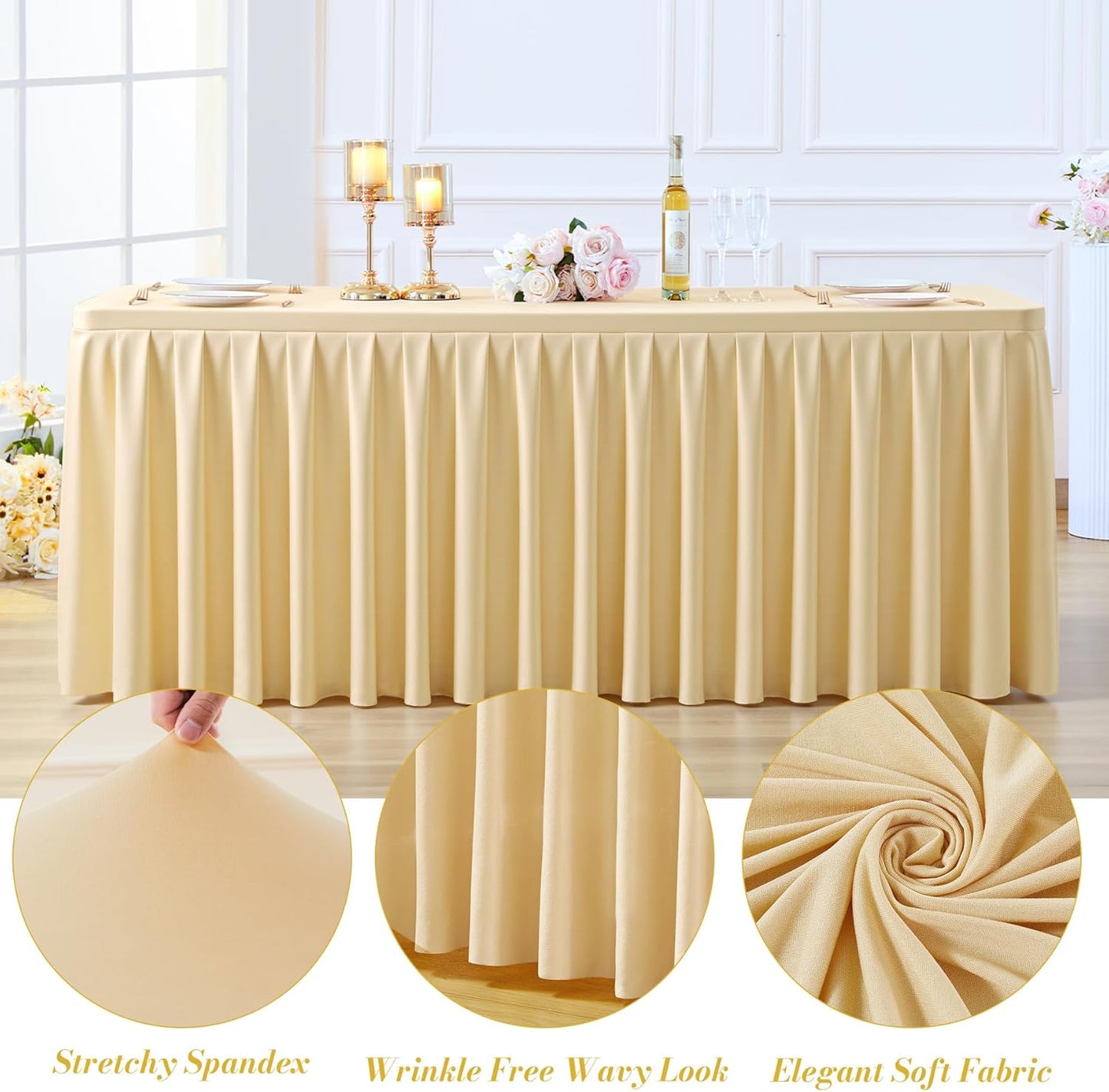 2 Pack Beige Rectangle Tablecloth 6 FT Stretch Spandex Fitted Table Cloth for 6 Foot Rectangle Tables Banquet Tablecloths Wrinkle Free Table Cover Skirt Ruffle Tablecloths for Party Wedding Birthday