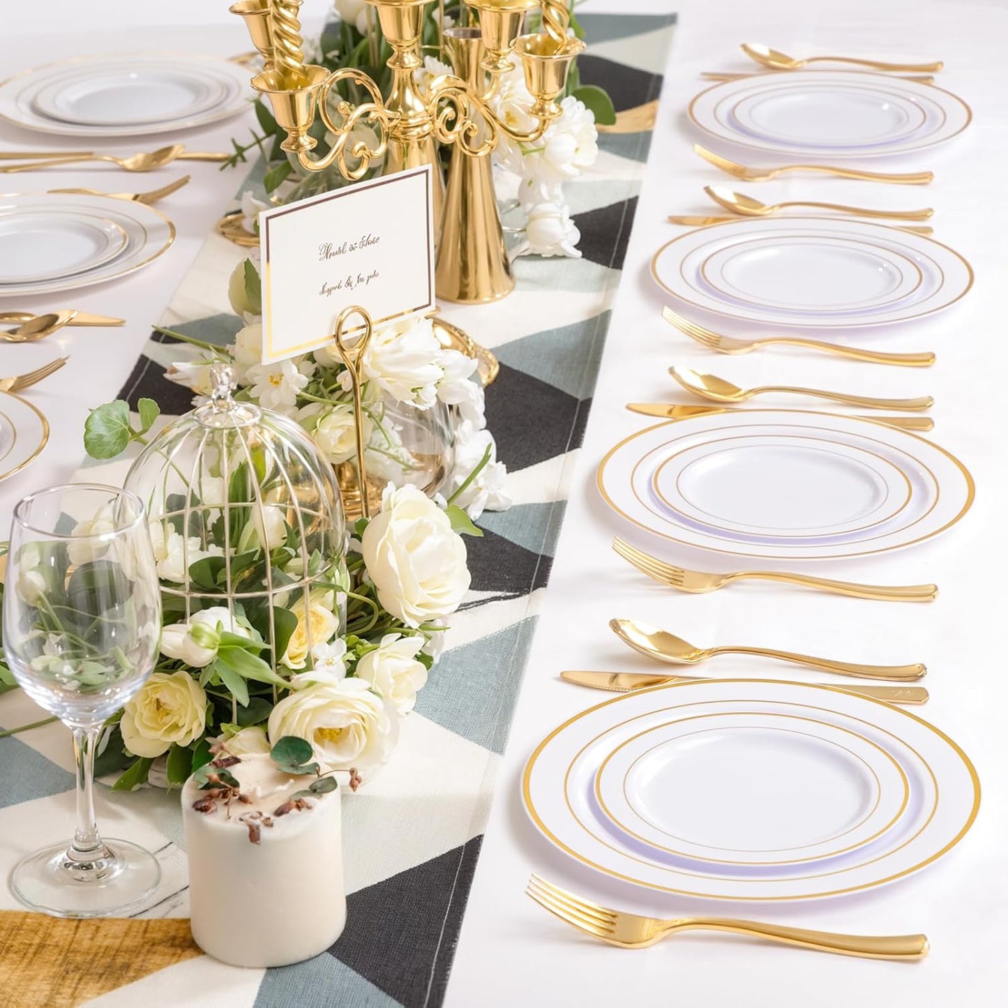 NOCCUR 200PCS Gold Plastic Plates - 100 Dinner / 100 Dessert Disposable Plates Heavy Duty - Ideal for Wedding, Party, Thanksgiving