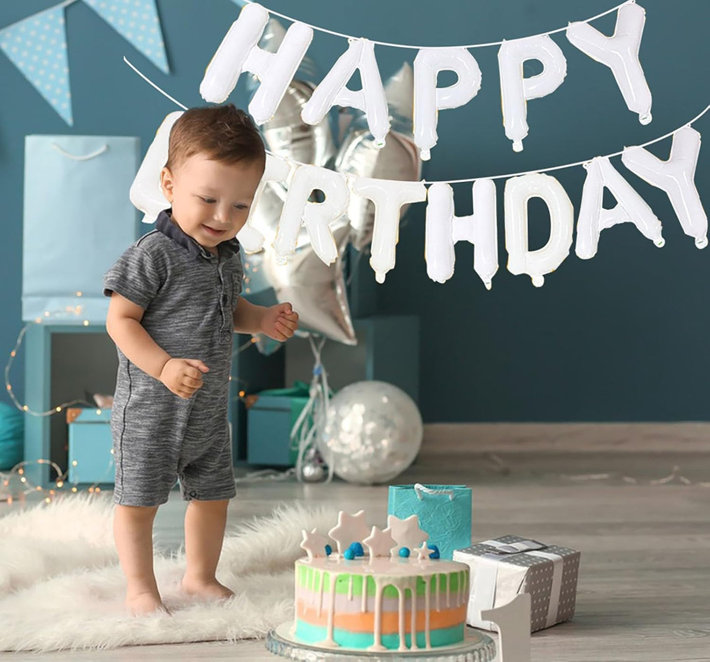 KALOR White Happy Birthday Balloons Banner, 16 Inch Mylar Foil Letters Balloon Sign for Women, Men, Boys & Girls Kids Birthday Decorations Photo Backdrop