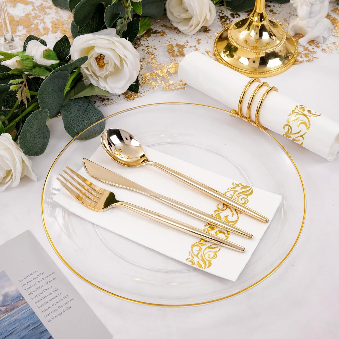 MirthMood 210Pcs Clear and Gold Plates for 30 Guests, Plastic Plates for Party, Includes:30 Dinner, 30 Dessert, 30 Paper Towels with 90 Silverware & 30 Cups