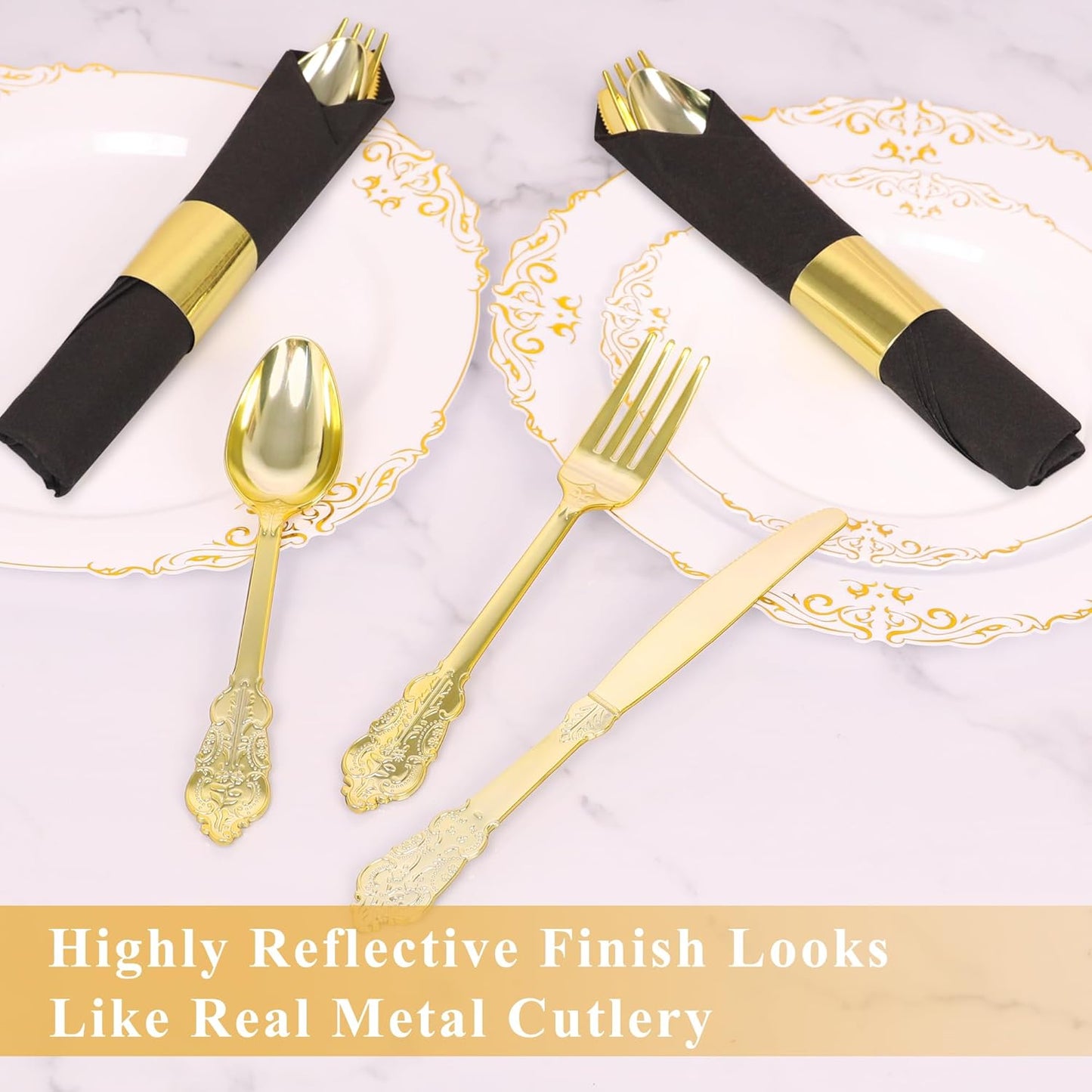 50 Pack Pre Rolled Gold Plastic Silverware Set,Fancy Wrapped Plastic Cutlery Set with Napkin Include 50 Forks,50 Spoons,50 Knives and 50 Black Napkins for Party, Wedding