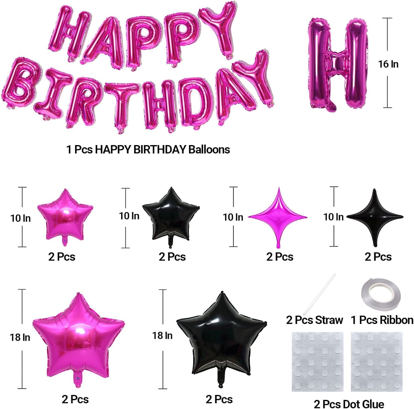 KALOR Hot Pink and Black Happy Birthday Balloons Kit with16 Inch Mylar Foil Letters Balloon and Star Balloons for Women, Men, Boys & Girls Kids Birthday Decorations Photo Backdrop