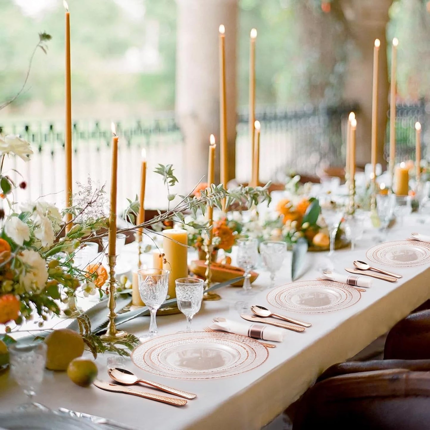 350PCS Clear Plastic Plates with Rose Gold Trim for 50 Guests, Disposable Dinnerware Set for Party, Wedding, Include 100 Plastic Plates, 50 Pre Rolled Napkins with Silverware, 50 Cups