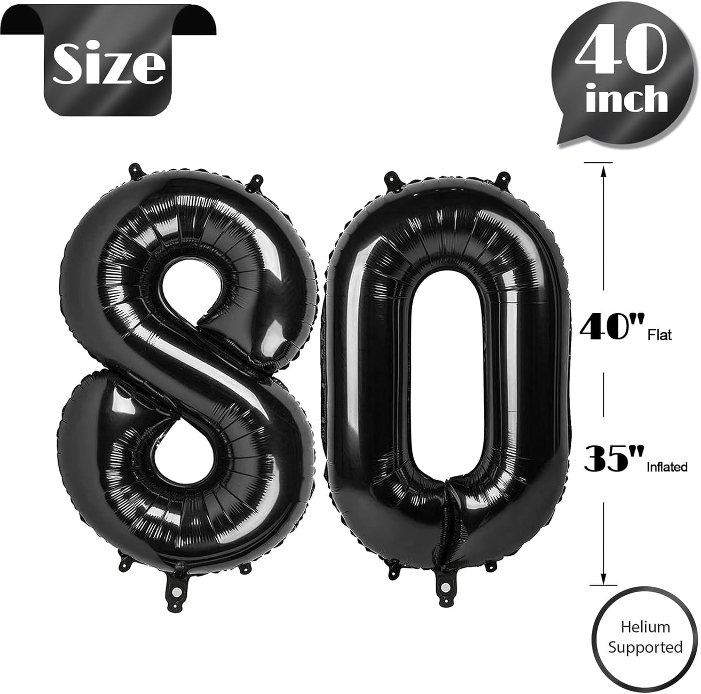 Black Number 80 Balloon 40 inch, 80 Number Balloons, 80th Black Birthday Decorations, 80 Year Old Women Men Party Supplies