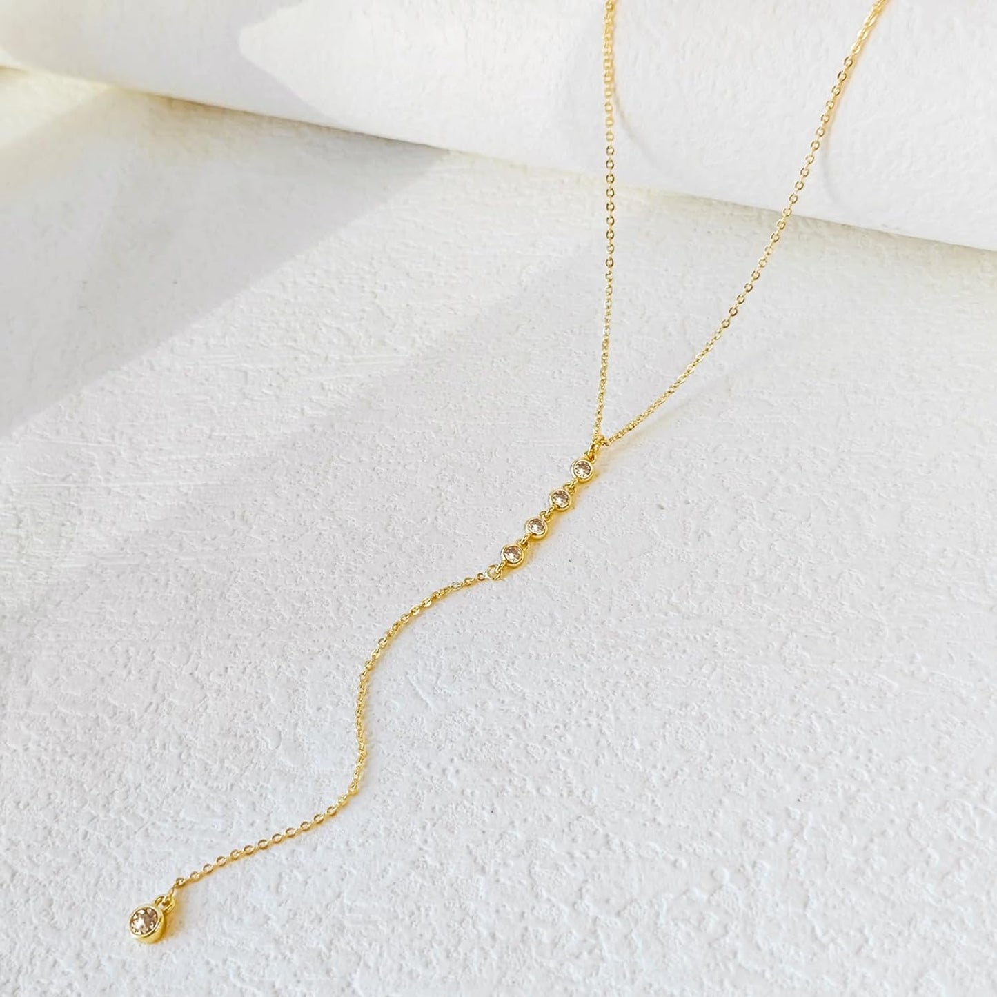 Lariat Gold Necklace for Women, Dainty Long Necklace 14k Gold Plated/Silver Y-Shaped Layered Beaded Chain Drop Necklaces for Women Trendy Simple Gold Jewelry for Women Gifts