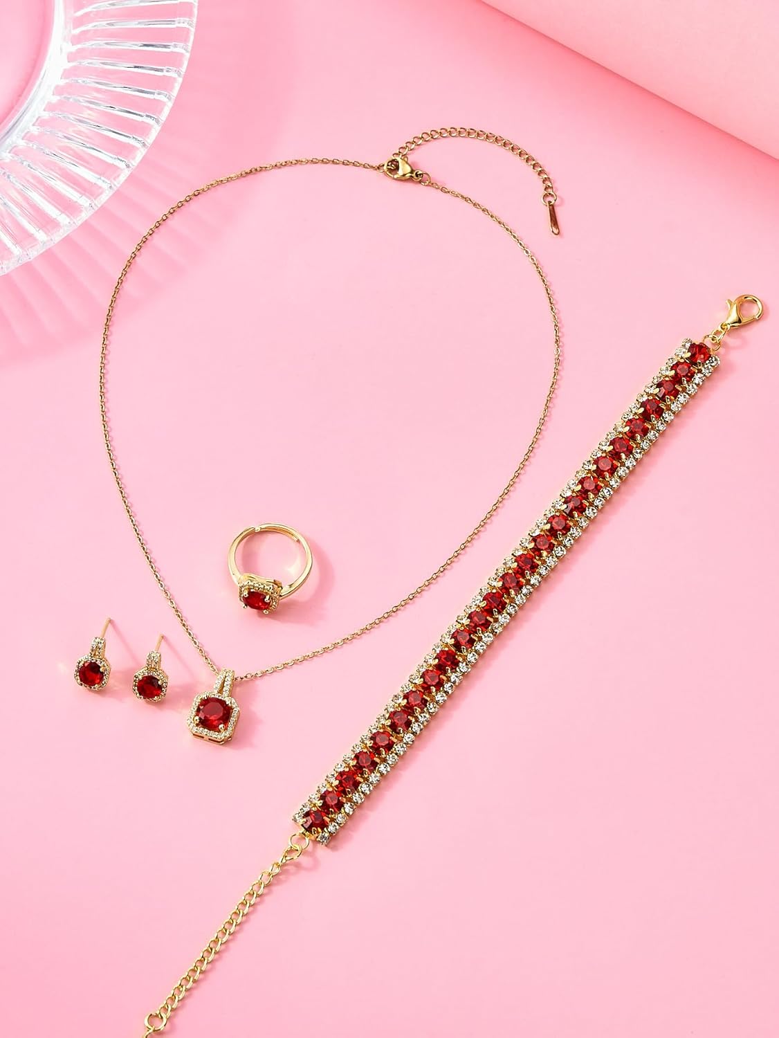 4pcs Cubic Zirconia Wedding Jewelry Sets for Bride Bridesmaid Cubic Zirconia Pendant Necklace Earrings Link Tennis Bracelet Open Ring Set for Women