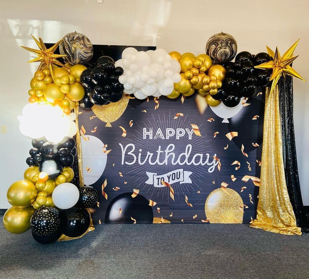 Black and Gold Balloon Garland Arch Kit, 185Pcs Explosion Star Black White Metallic Gold Confetti Latex Balloons for Birthday Anniversary Wedding Engagements Baby Shower Party Decorations