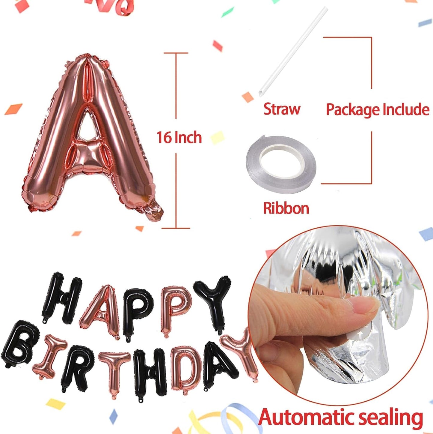 KALOR Black and Rose GoldHappy Birthday Balloons Banner, 16 Inch Mylar Foil Letters Balloon Sign for Women, Men, Boys & Girls Kids Birthday Decorations Photo Backdrop