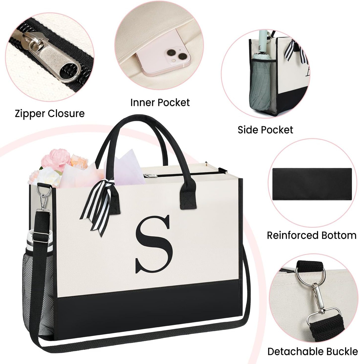 BAGAIL Initial Tote Bag, Personalized Birthday Gifts for Women, Teacher, Friends, Mom, Wedding, Monogrammed Beach Bag