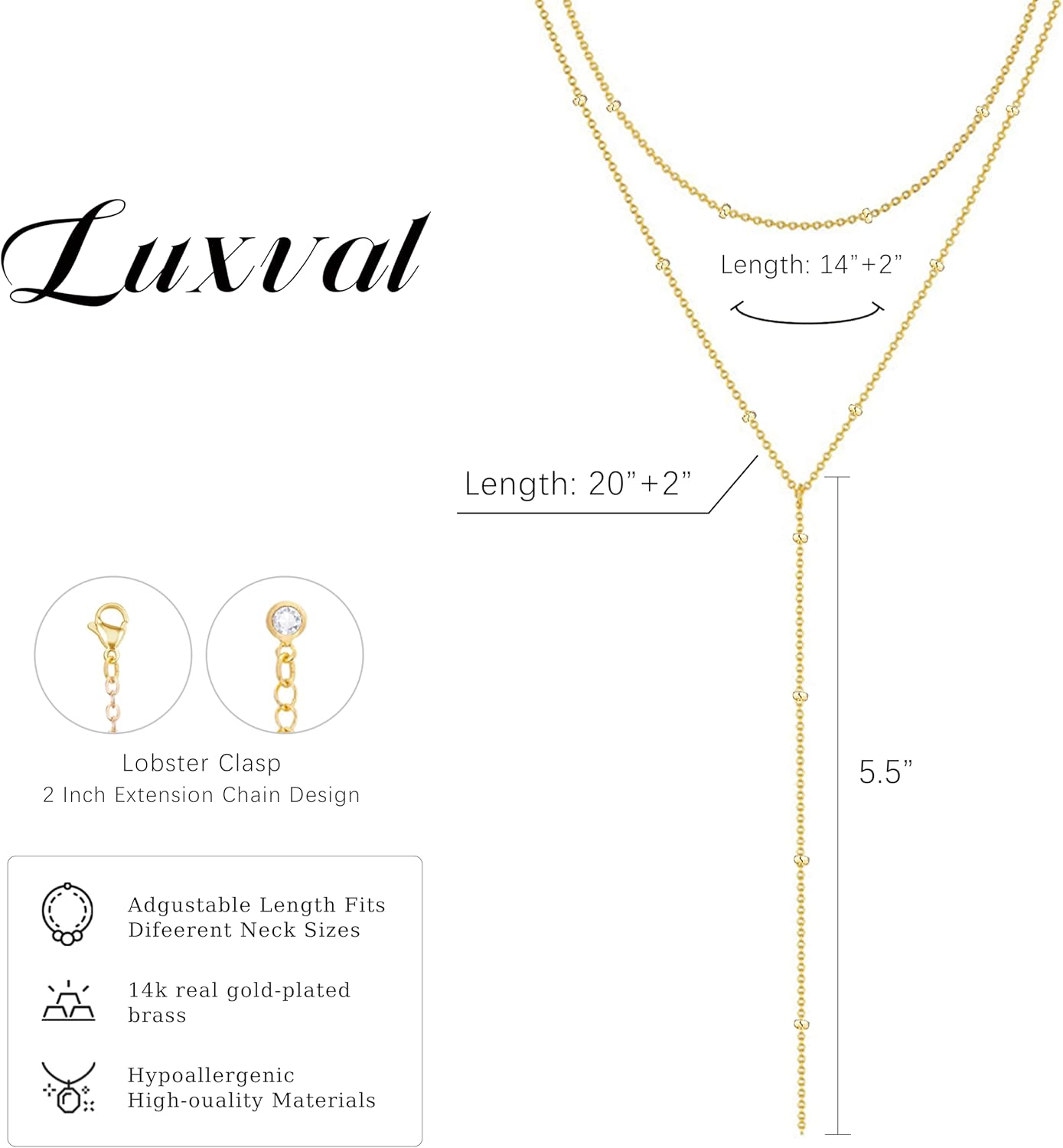 Luxval Lariat Gold Necklace for Women, Dainty Long Necklace 14k Gold Plated/Silver Y-Shaped Pendant Necklaces Trendy Beaded Chain Drop Necklaces Jewelry for Women Gifts