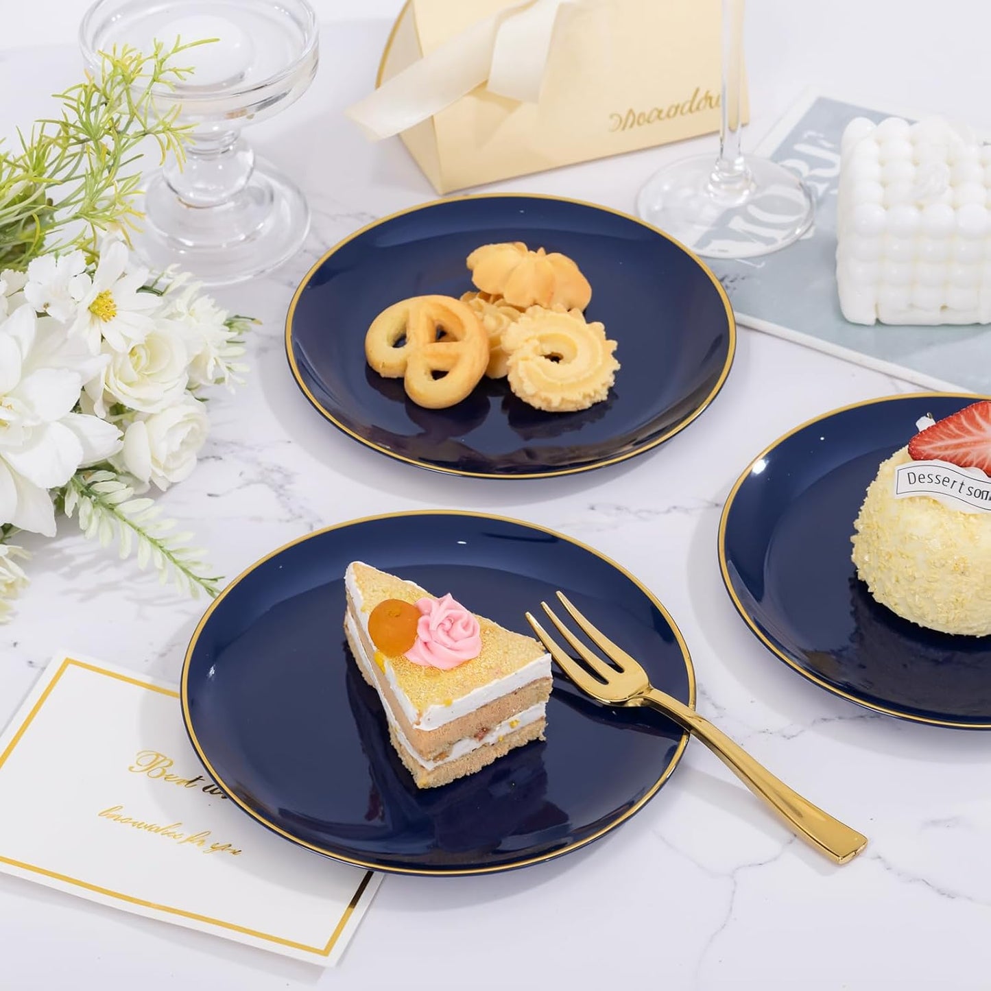 Festiva 400Pcs Navy Blue Gold Dessert Plates 6.3" with Forks 5"- 200PCS Small Disposable Dessert/Cake/Appetizer Plates and 200PCS Forks - Serve 200 Guests for Halloween Party&Birthday &New Year