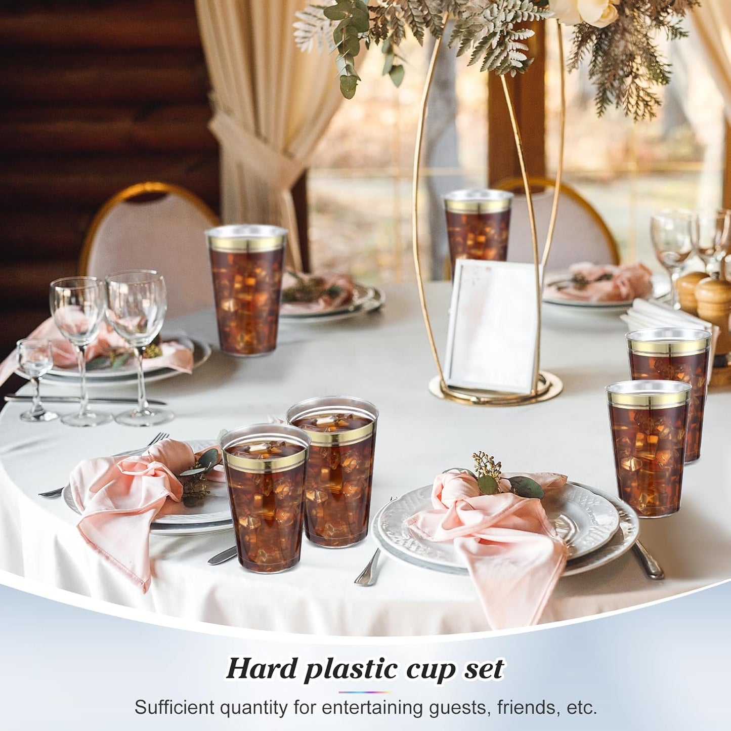 Sliner 50 Pcs Hard Plastic Cups Double Rimmed Plastic Cups Heavy Duty Fancy Disposable Wine Glasses for Holiday Wedding Graduation Birthdays Christmas Valentine Parties(14 Oz,Gold)