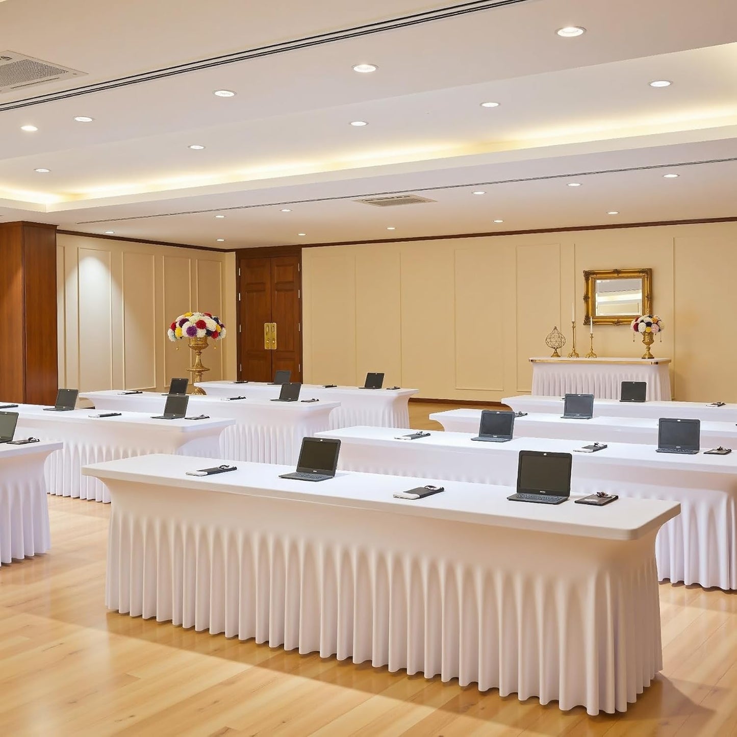 12 Pack White Spandex Tablecloth for 6 Foot Rectangle Tables, Wrinkle Free Fitted Table Cloth Cover 6ft White Stretchy Tablecloths with Skirt for Parties Weddings Birthday Banquet Baby Shower