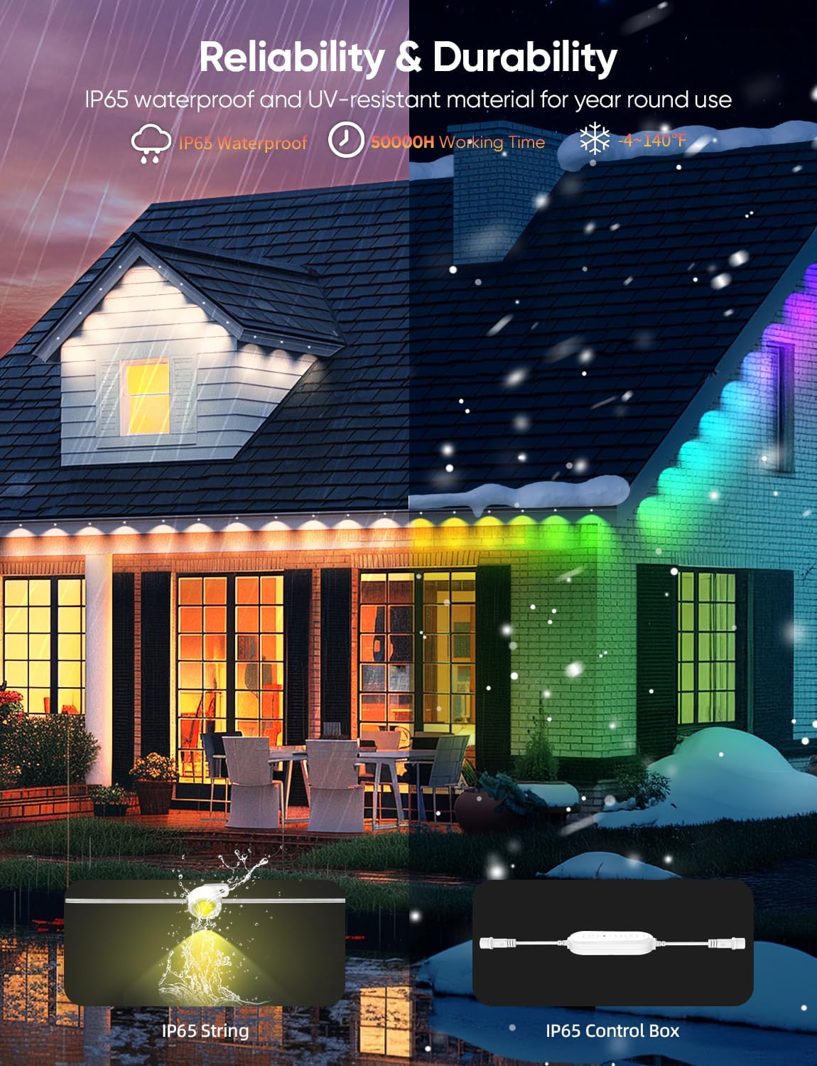 APPECK Permanent Outdoor Lights 50ft with 36 RGBW LEDs, 111 Scene Modes, Eaves Lights with 40lm Warm White, for Daily Holiday House Decor, App/Voice/Remote Control, White