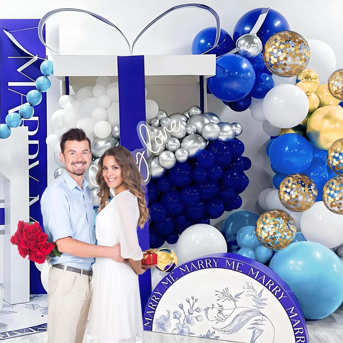Navy Blue White Gold Balloon Garland Arch Kit, 147PCS Royal Dark Pastel Blue White Gold Balloons with Confetti for Birthday Party Baby Shower Wedding Graduation Decorations