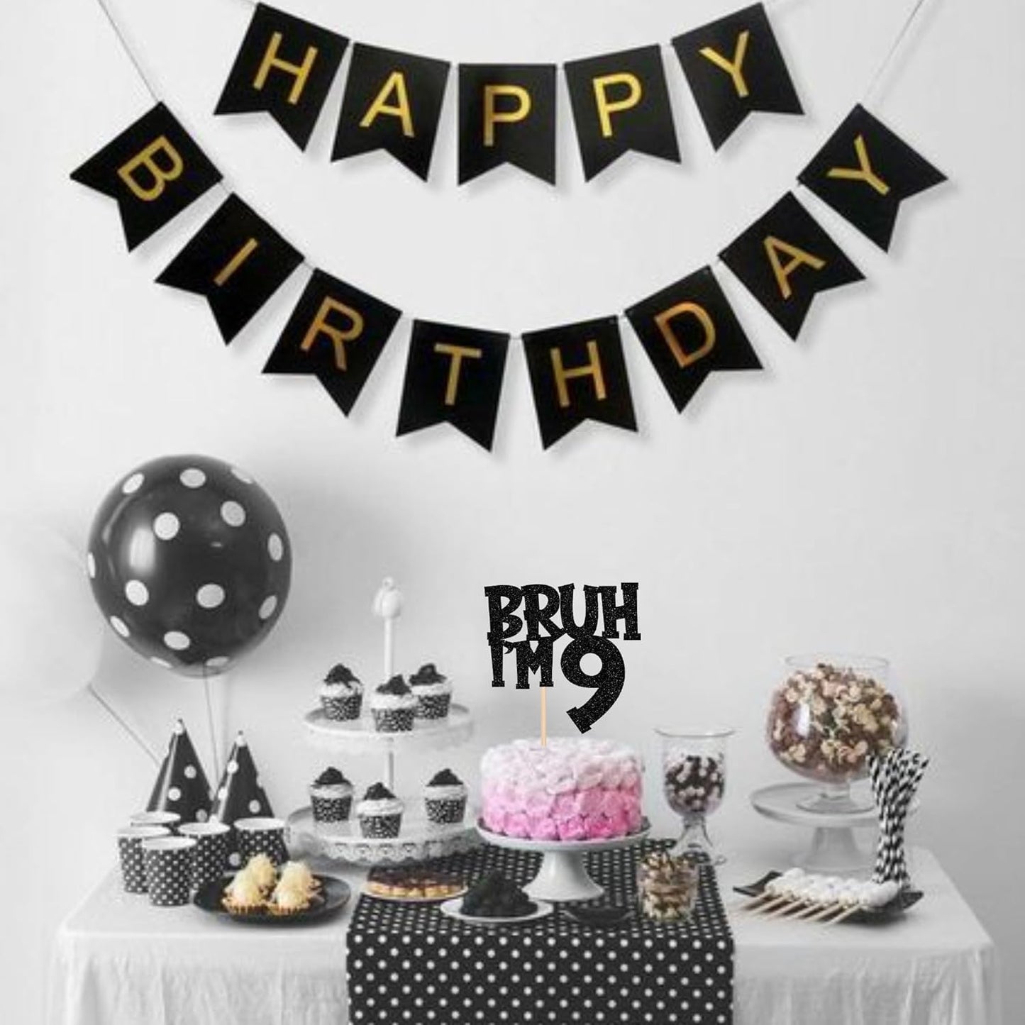 1 PCS Bruh I'm 9 Cake Topper Black Glitter Happy 9th Birthday Cake Pick Bro I'm 9 It's My 9th Birthday Cake Decoration for Cheers to 9 Years Birthday Party Decorations Supplies