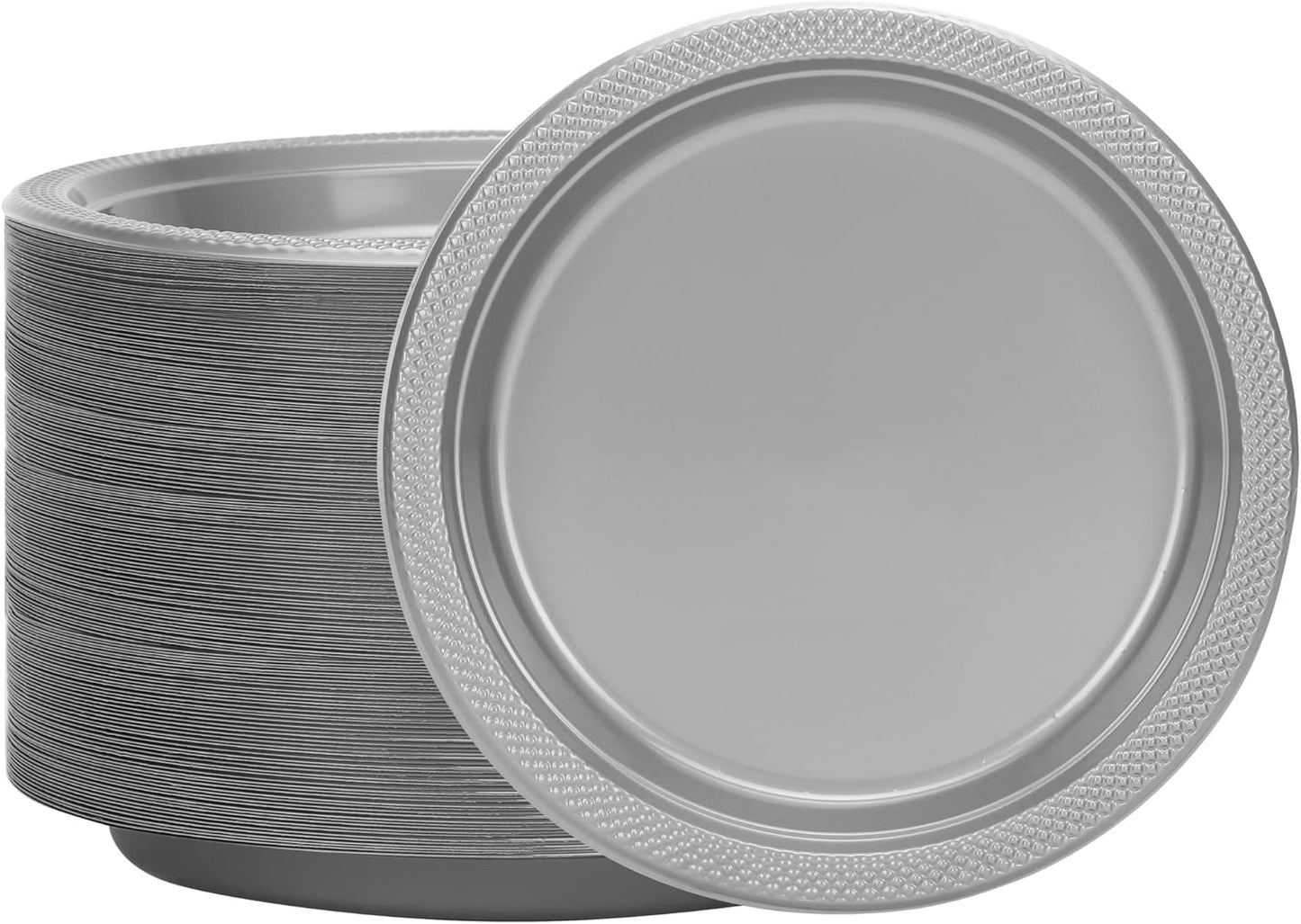 Hanna K. Signature Collection Silver Plastic Plates 9 Inch - 600 count Solid Round Party For Weddings, BBQs, Birthday Disposable Dessert (81890 (case))