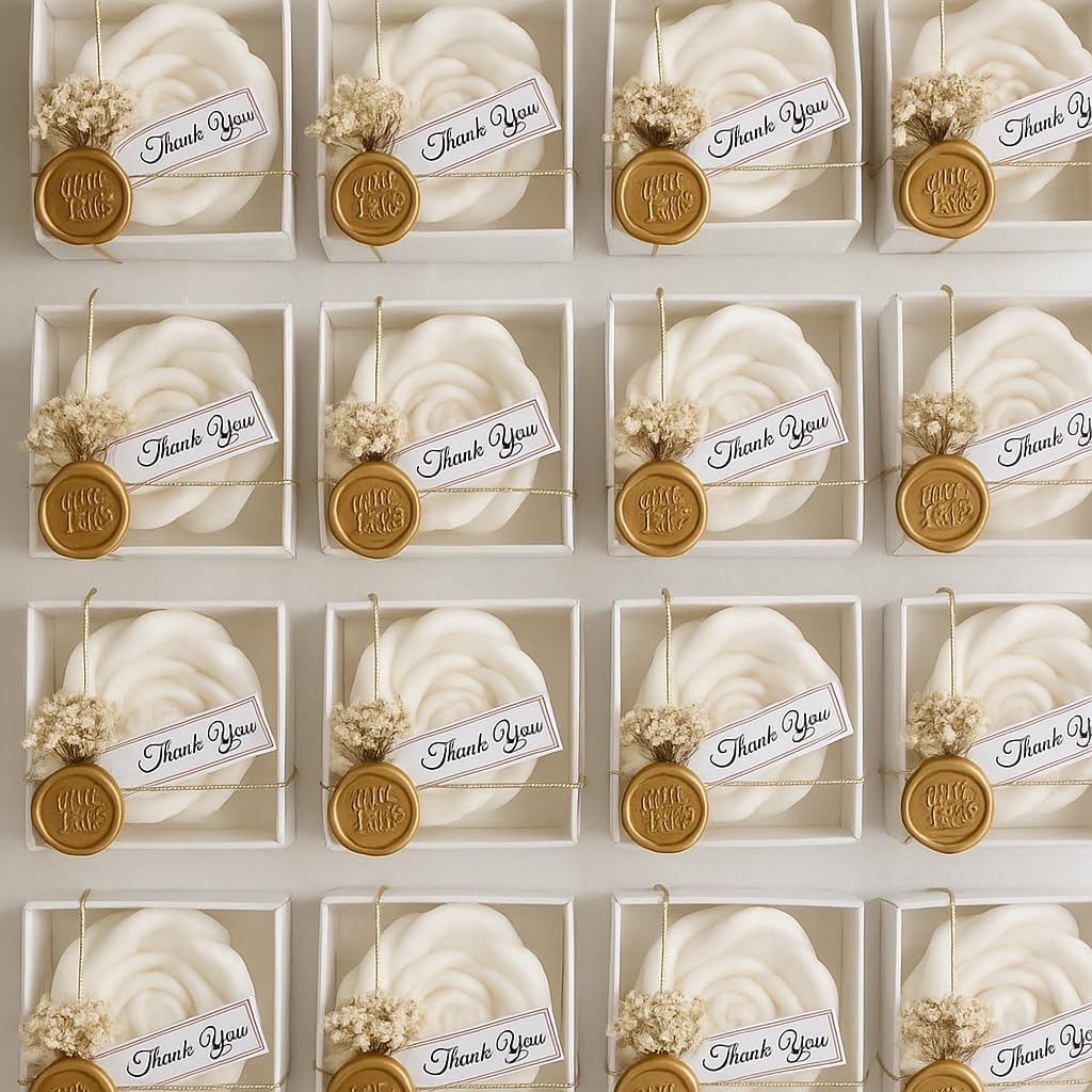 White Rose Petal Soy Wax Candles in Bulk – Rose Candle Wedding Favors for Guests, Personalized Candle Favors for Bridal Shower & Baby Shower Gifts – Dried Flower & Wax Seal Design (10 Pieces)