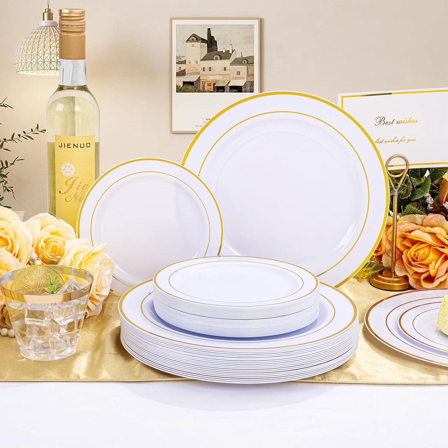 Gold Disposable Dinnerware Set for 100 Guests - 600PC BPA-Free Plastic Plates & Cutlery Kit with 100 Dinner Plates, Salad Plates, Forks, Knives, Spoons & Cups for Wedding, Party, Catering (Heavy-Duty)