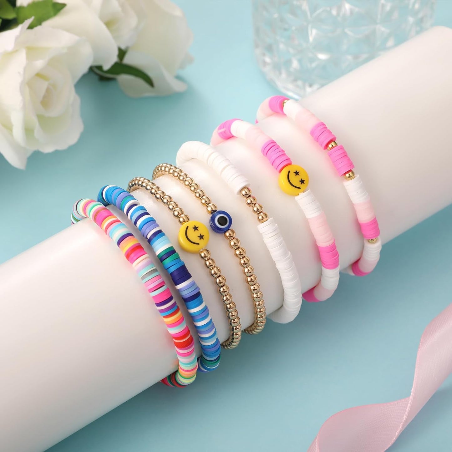 Preppy Bracelets Set Colorful White Gold Smile Heart Star Polymer Beaded Pearl Clay Stackable Charm Y2K Kidcore Aesthetic Summer Beach Bohemian Stretch Layering Bracelets Jewelry for Girls Women Teens