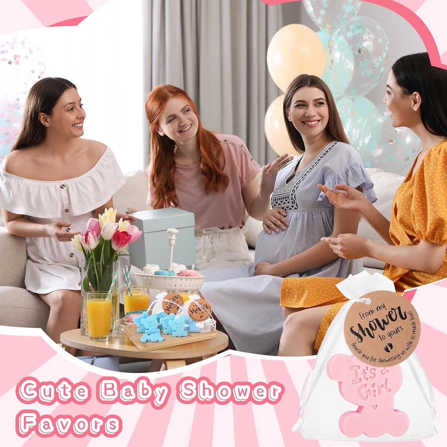 50 Sets Baby Shower Soap Favors for Guests Boy Girl Handmade Scented Soaps with Mini Thank You Tags and Organza Bags for Shower Gender Reveal Party Favors(It's A Girl)