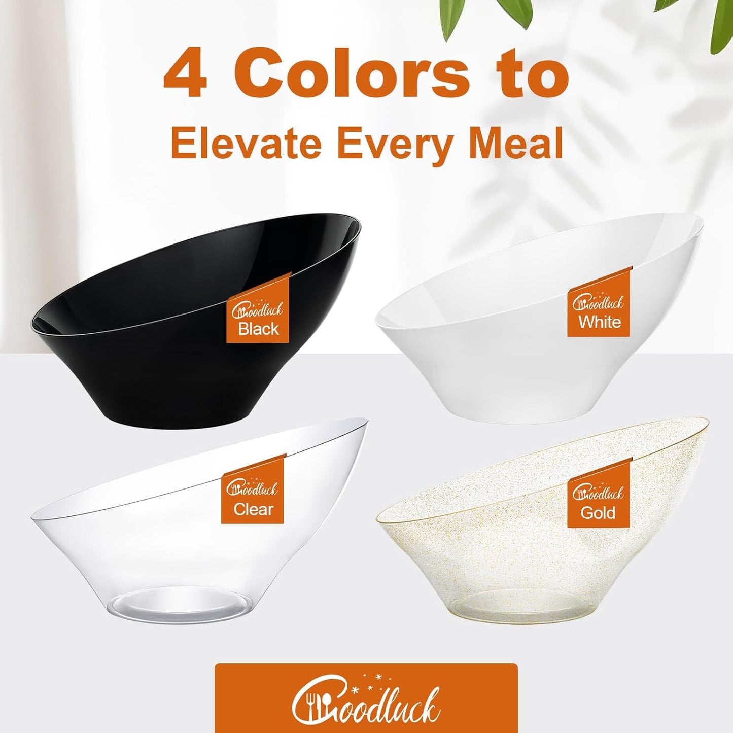 Goodluck 12 Pack Gold Glitter Plastic Serving Bowls for Party - 20 OZ Angled Disposable Serving Bowls for Wedding Party Chip, Candy, Salad & Fruit