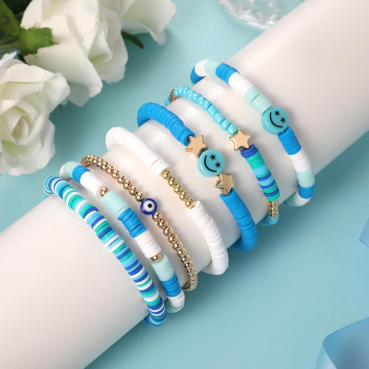 Preppy Bracelets Set Colorful White Gold Smile Heart Star Polymer Beaded Pearl Clay Stackable Charm Y2K Kidcore Aesthetic Summer Beach Bohemian Stretch Layering Bracelets Jewelry for Girls Women Teens