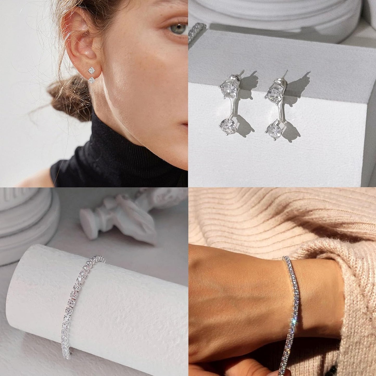 Luxval Tennis Necklace Set for Women Tennis Bracelets Diamond Earrings Sterling Silver Necklace Wedding Jewelry for Bride Silver Jewelry Sets for Women Gift