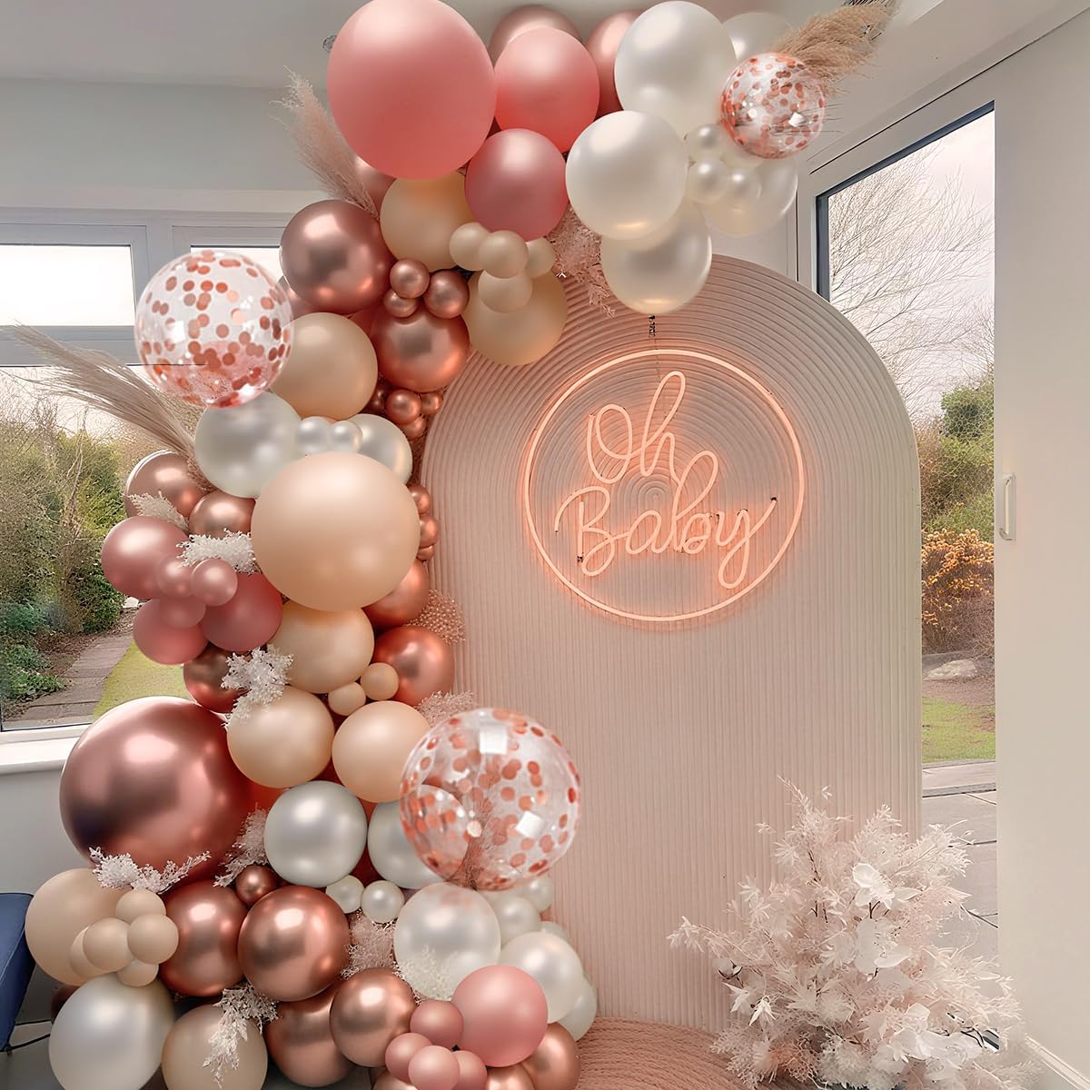 147PCS Rose Gold Balloon Garland Arch Kit, Pearl Rose Gold Metallic White Nude Balloons with Confetti for Wedding Bridal Shower Princess Party Girl Birthday Baby Shower Decorations