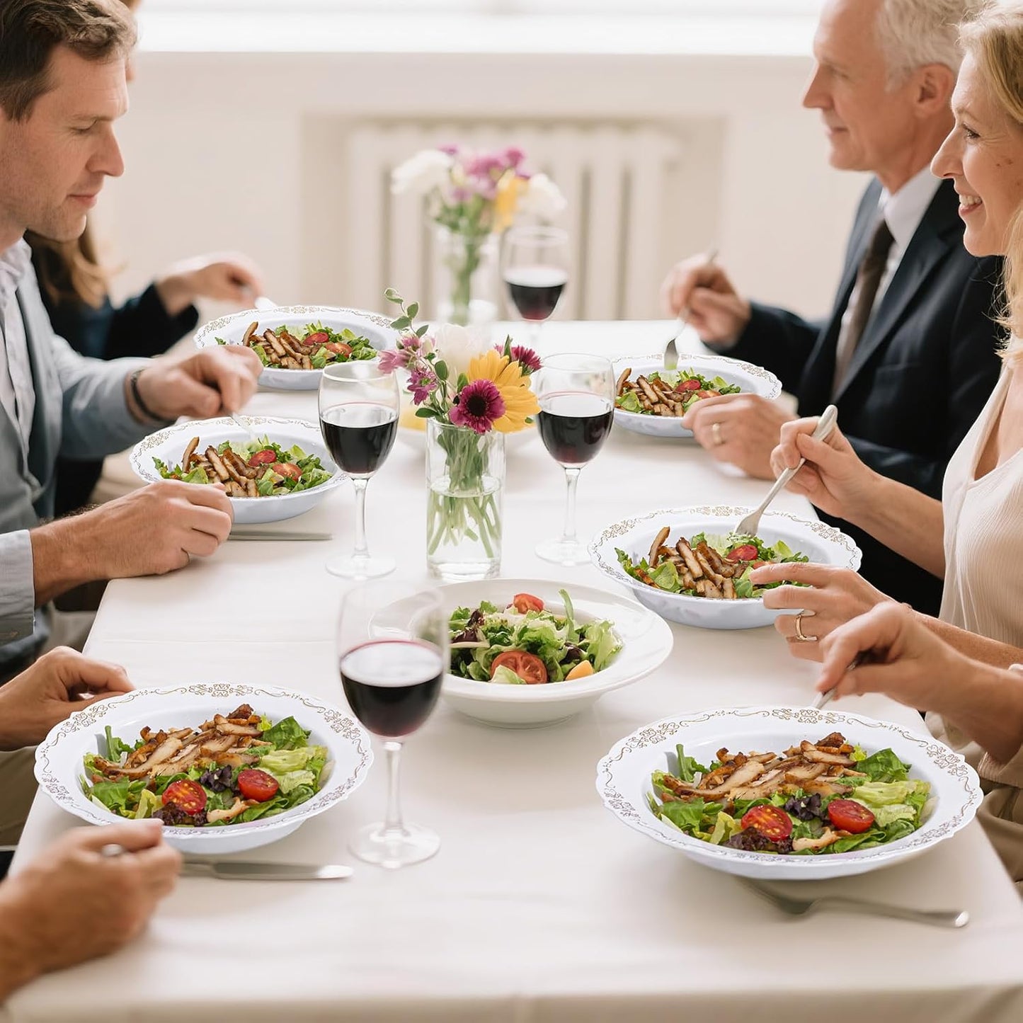 DaYammi 100 Pack Plastic Bowls with Gold Rim, 12oz Disposable Soup Bowls, Plastic bowls Disposable Heavy Duty Dinner bowls for Weddings, Parties, Catering and Everyday Use