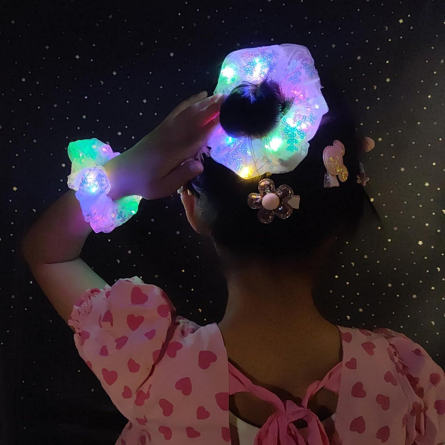 4 Pcs Christmas Light Up Hair Accessories for Girls Women, Sparkly Sequins Hair Scrunchies, LED Hair Tie for Movie Night Supplies, Glow in The Dark Scrunchies for Rave Neon Slumber Party