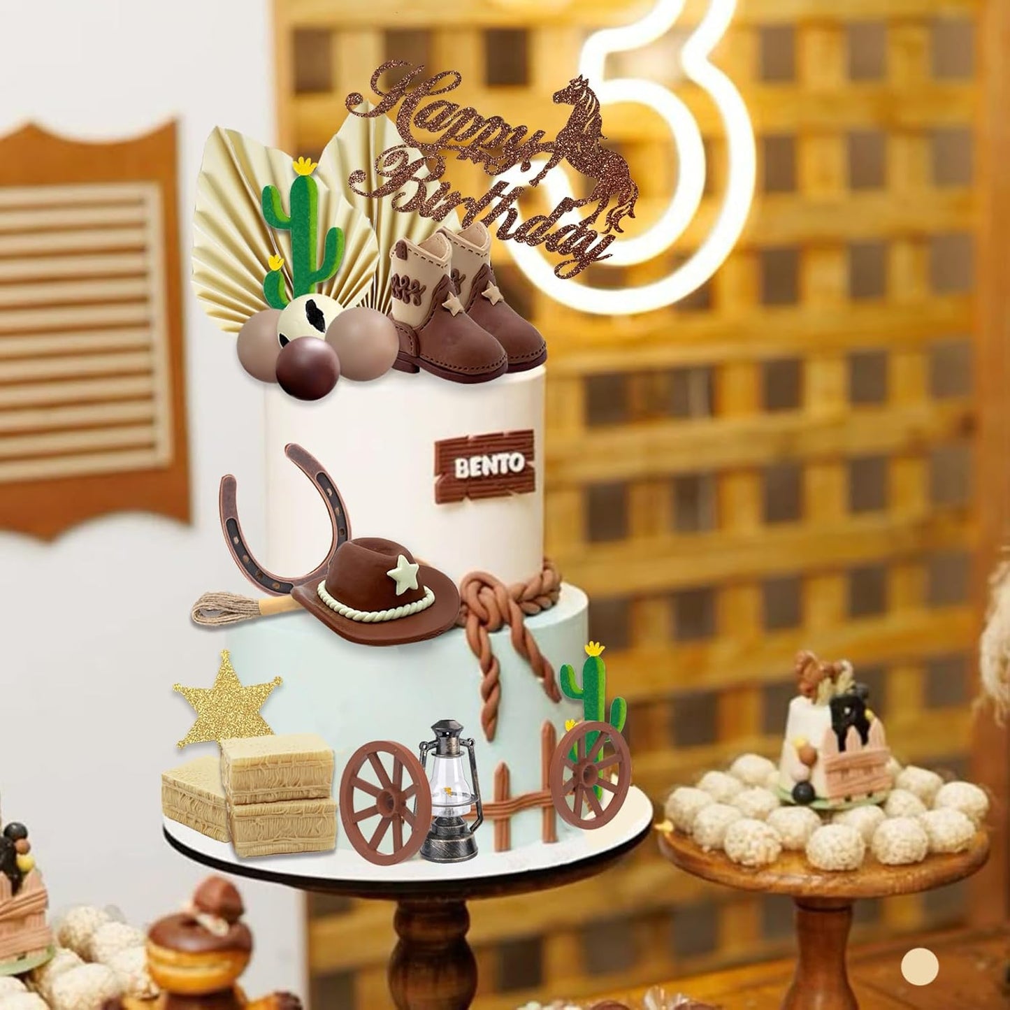 44pcs Cowboy Cake Topper Western Hat and Boot Cupcake Toppers with Balls Cactus and Horseshoe Decorations for Cowboy Theme Birthday Party Baby Shower Supplies