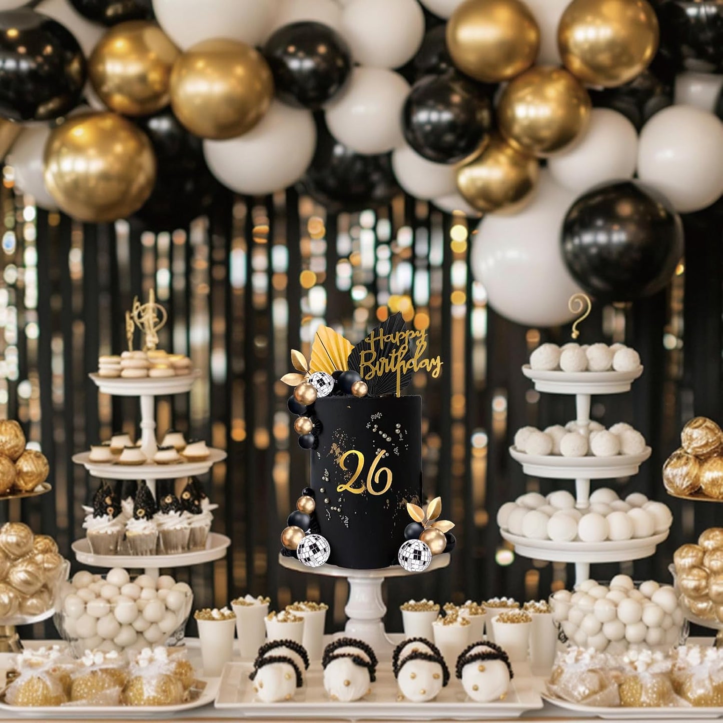 40Pcs Black Gold Balls Cake Topper Man Cake Decorations with Disco Balls Palm Leaves Acrylic Numbers 0-9 and Happy Birthday Cake Topper for Men Boy Black Theme Birthday Baby Shower Party Supplies