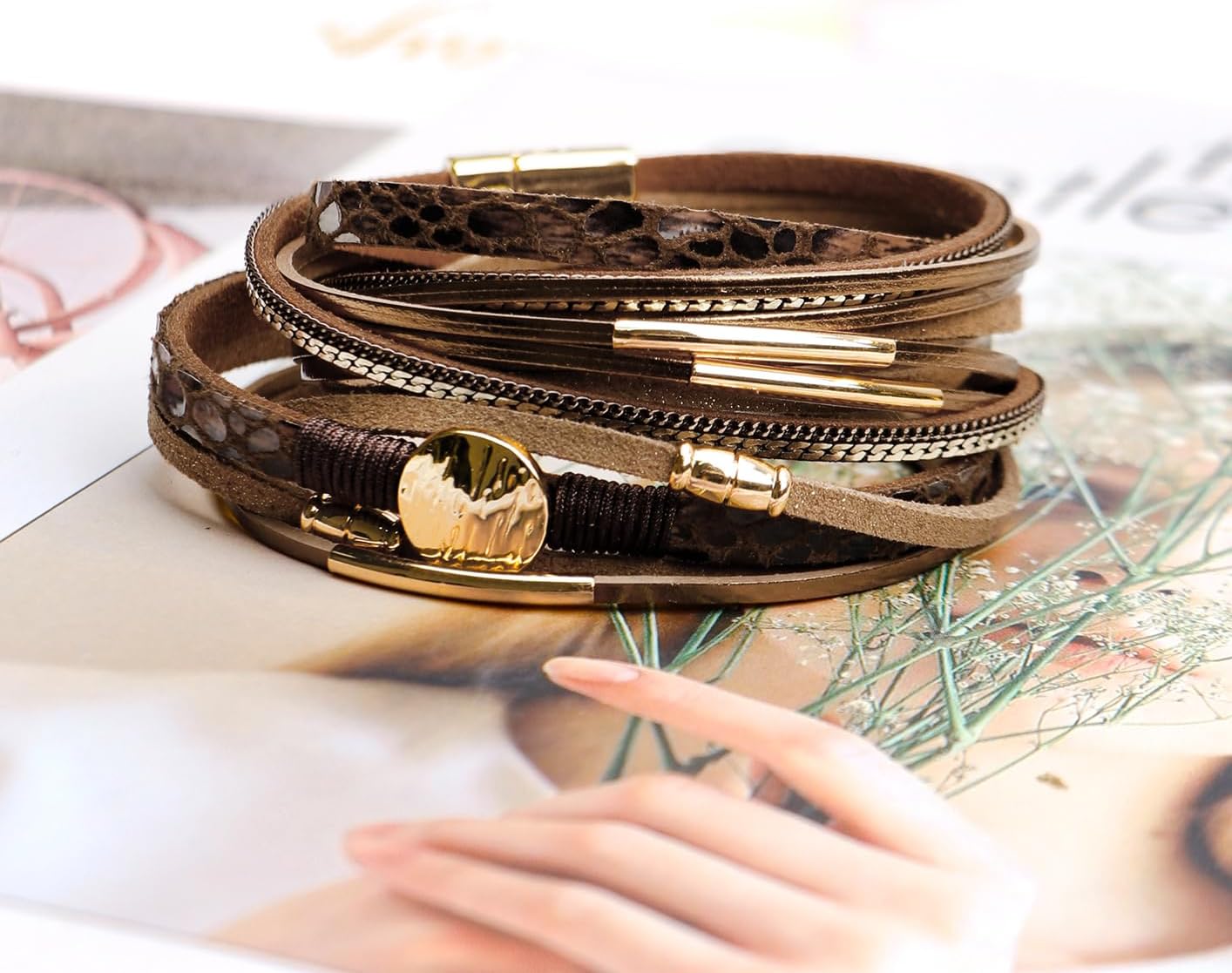 Fesciory Leopard Bracelet for Women, Boho Leather Wrap Multi-Layer Pearl Crystal Bracelet Bangle Jewelry