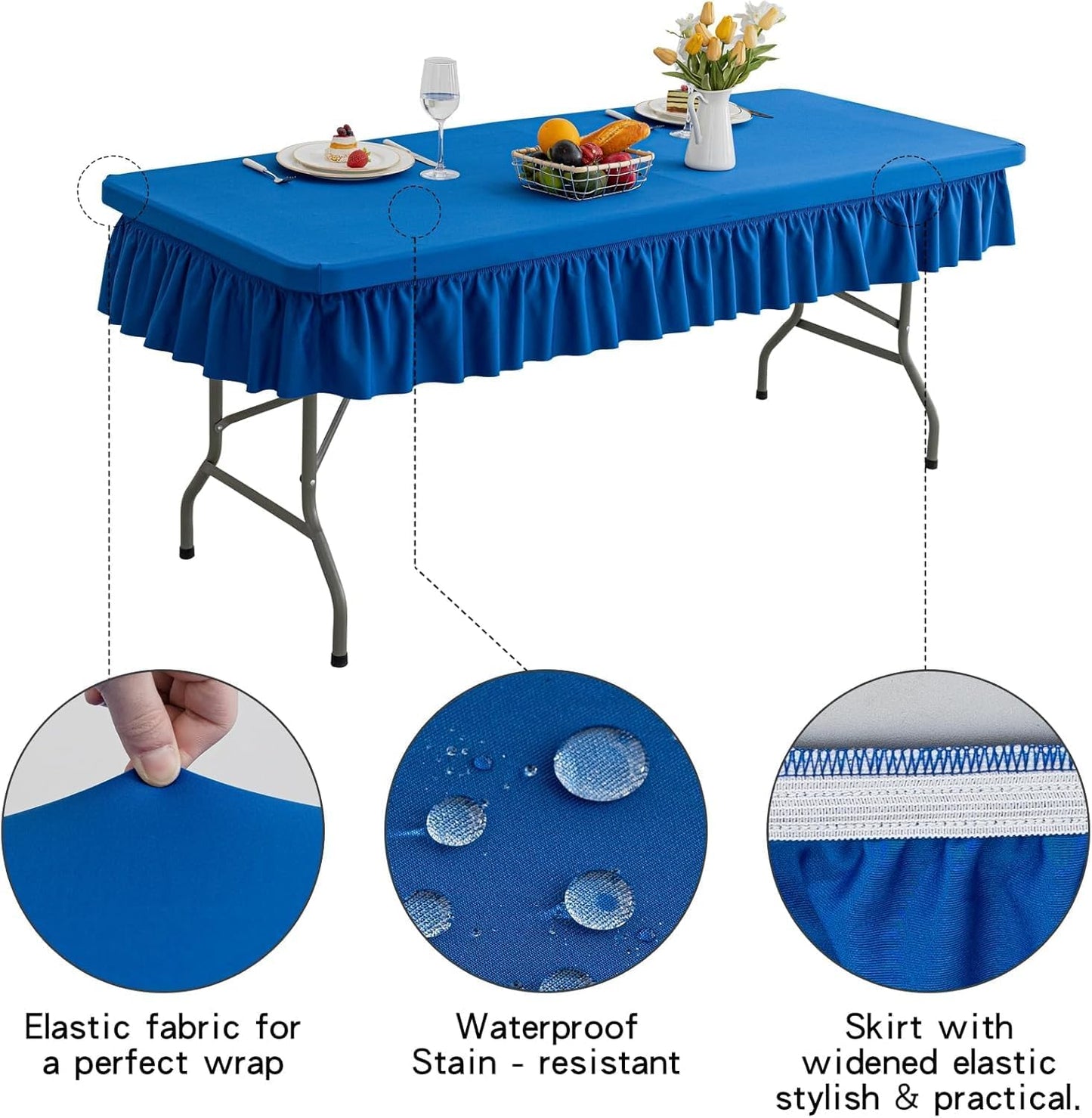 6ft Dark Blue Stretch Tablecloth for Rectangular Tables - Flared Wrap Design, Waterproof, Wrinkle-Resistant, Washable - Ideal for Weddings, Parties, Banquets & Table Protection