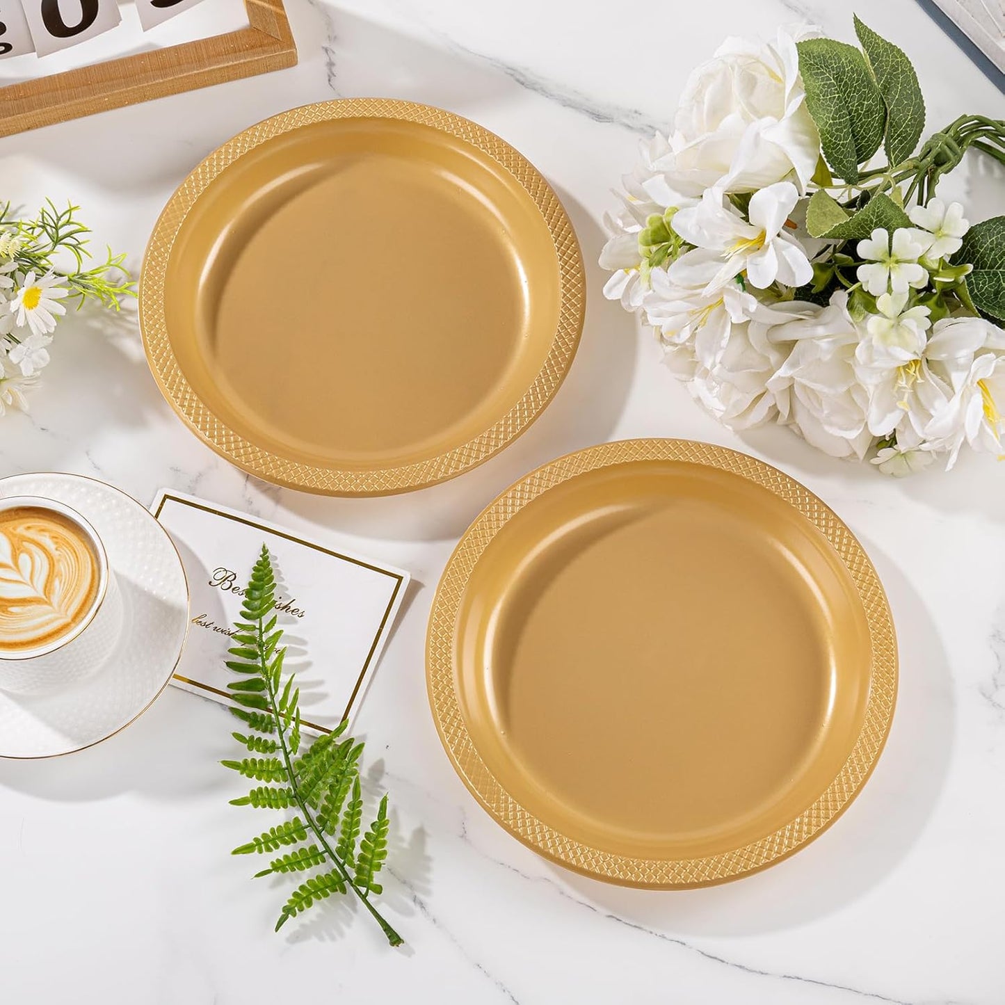 WELLIFE Gold Plastic Plates 9 Inch 50 Count Disposable Plate Thanksgiving Plates for Party, Dessert Plate for Dinner Cake Salad Supplies Birthday
