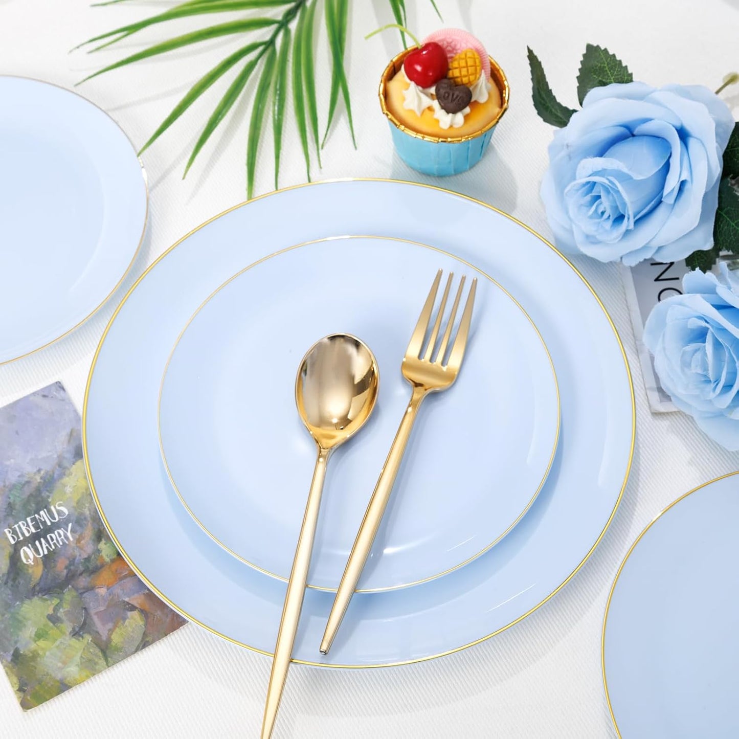 PULOTE 100PCS Blue Plastic Plates - Disposable Light Blue Include 50 Dinner & 50 Dessert/Salad Plates for Party, Wedding & Easter