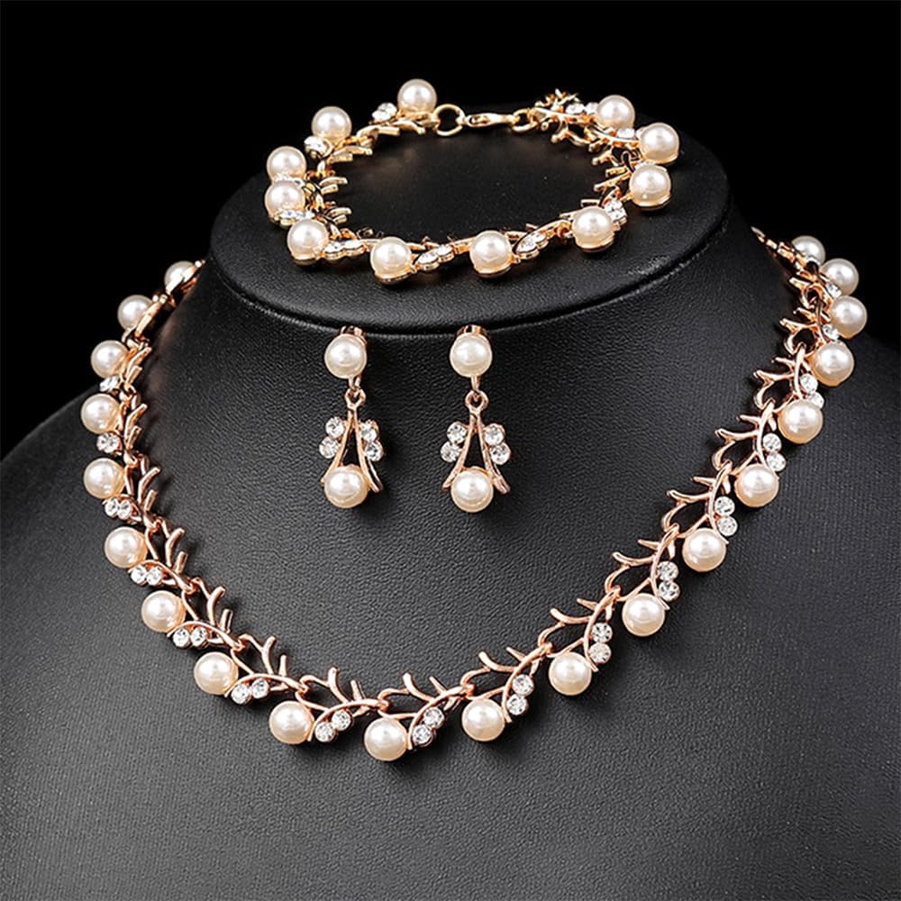 Rrdaily Rhinestone Pearl Wedding Jewelry Set for Bride Bridesmaid Bohemia Adjustable Beaded Crystal Bracelet Necklace Exaggerated Pearl Earring Set for Women