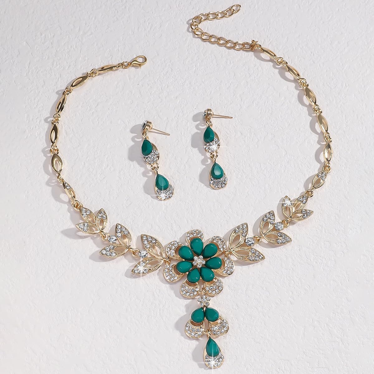 Wedding Jewelry Sets for Brides Rhinestone Necklace and Earring Set Bracelet Ring Gold Silver Prom Jewelry Sets Diamond Flower Teardrop Necklace for Women