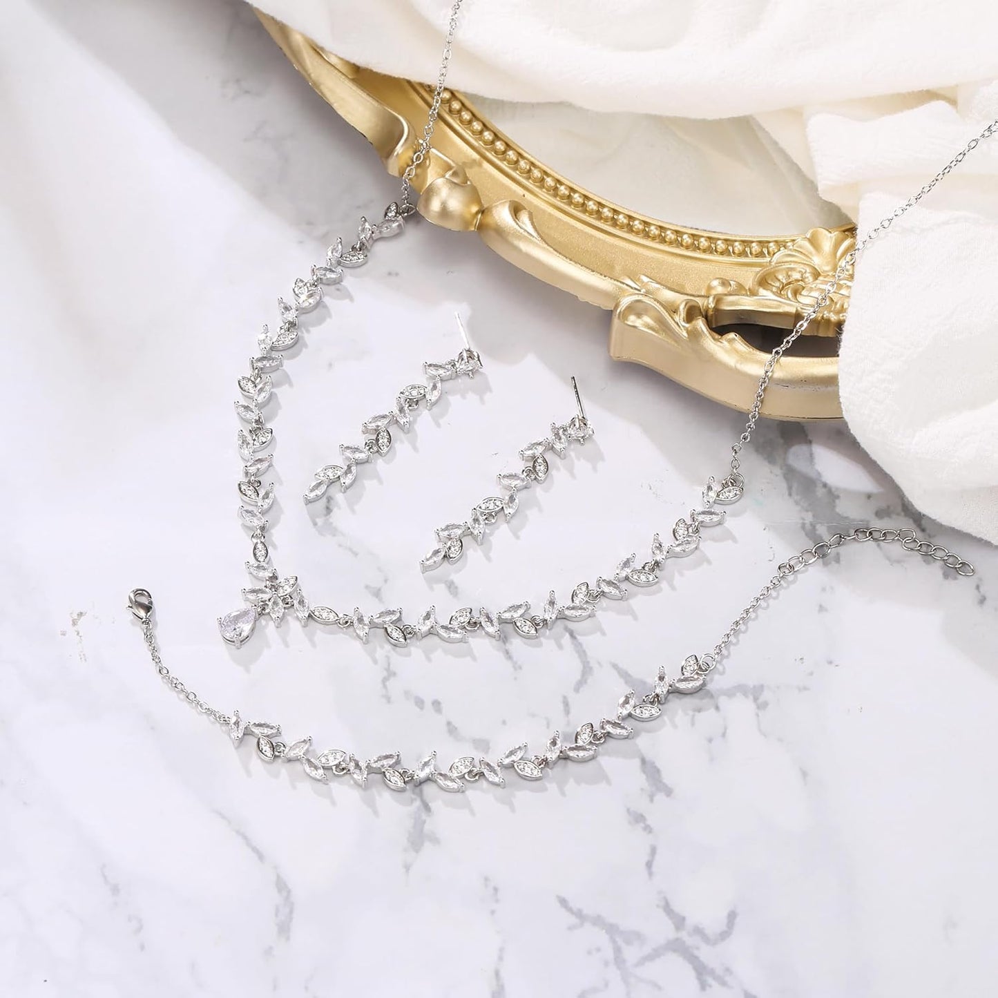 BriLove Wedding Bridal Jewelry for Women Cubic Zirconia Marquise Teardrop Leaf Cluster Y-Necklace Dangle Earrings Link Bracelet Set