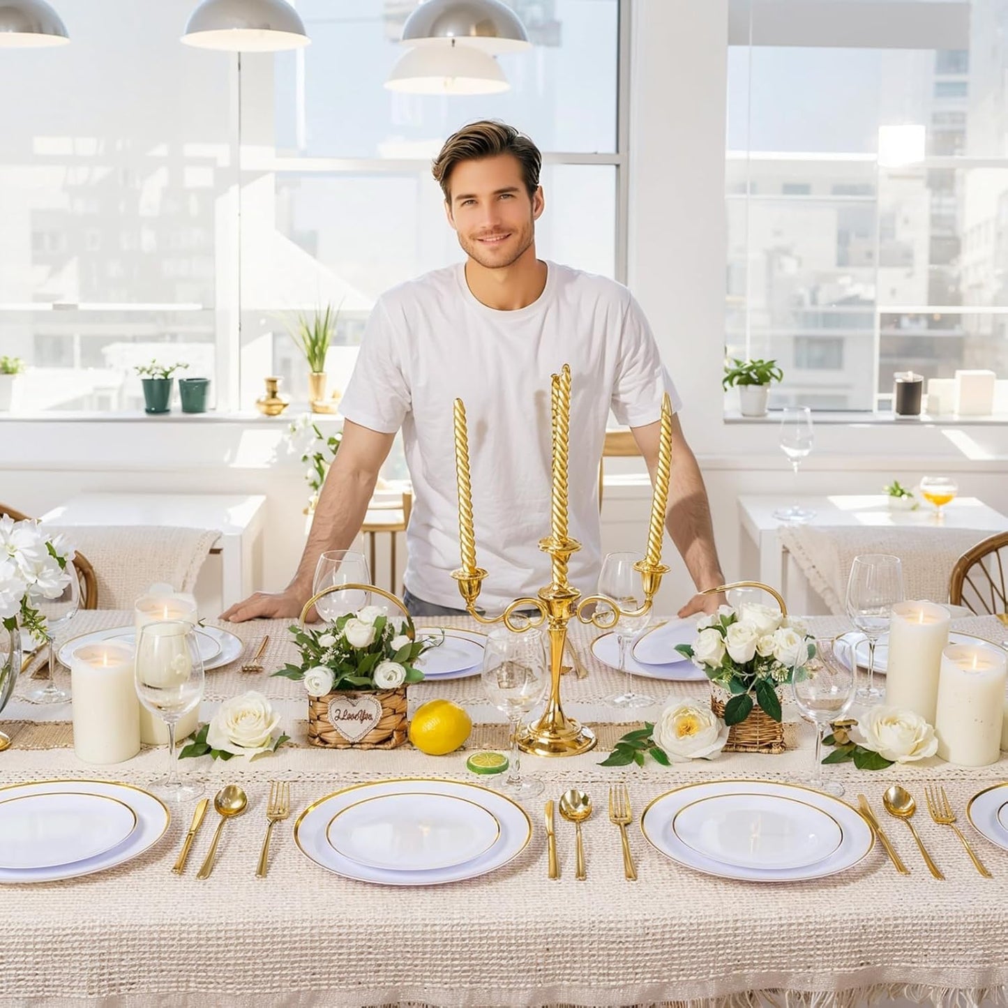 LIYH 120 Pcs White and Gold Plastic Plates for Party Disposable Plates - White with Gold Rim for Wedding/Tea Party- Includes 10.25 Inch Dinner and 7.5 Inch Dessert/Salad Plate 60 Guests