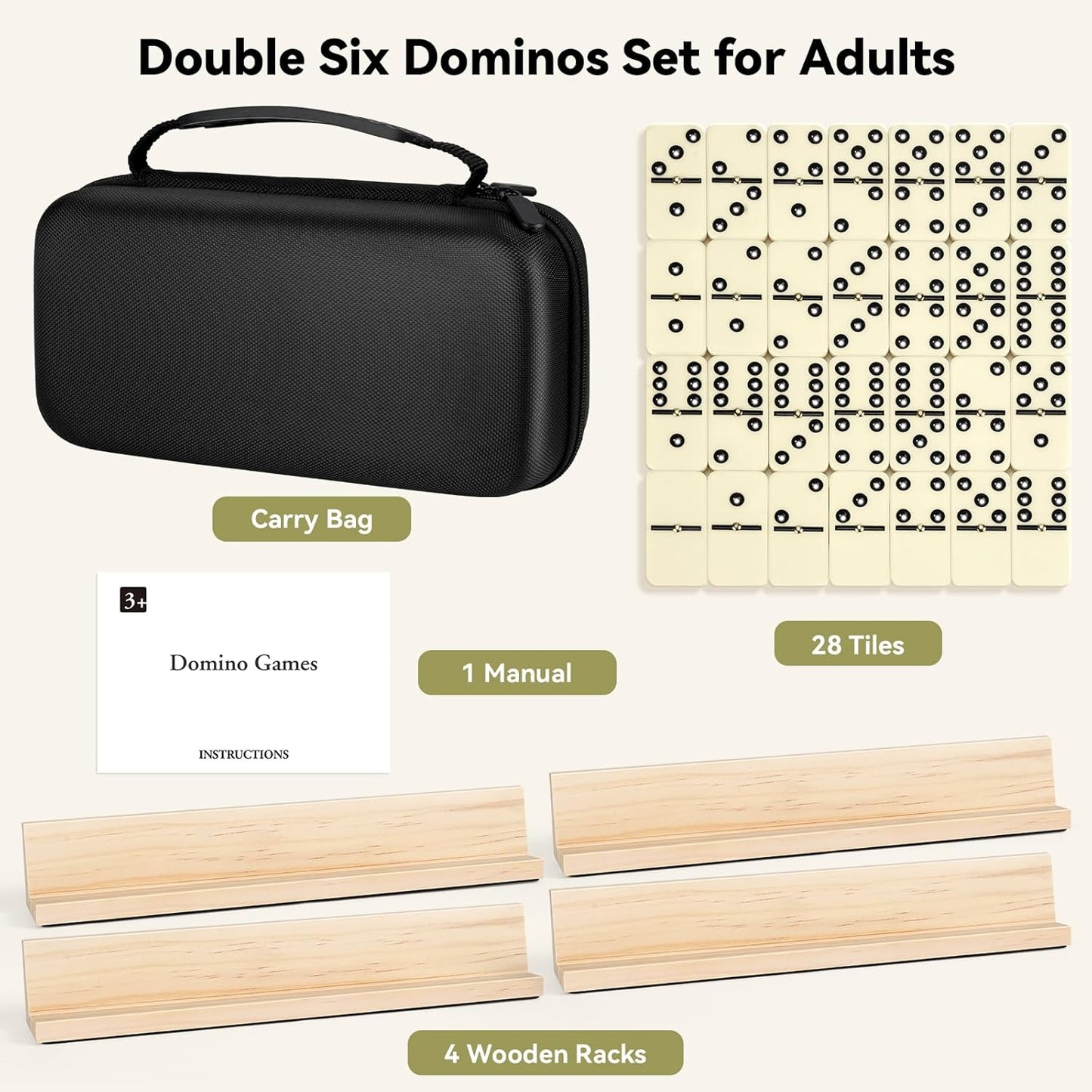 BATURU Jumbo & Extra-Thick Double 6 Dominos Set for Adults, 28 Large Tiles with 4 Wooden Racks, Portable Travel Case, Premium Dominoes Set for Adults, Kids, Classic Family Game Night & Party Games