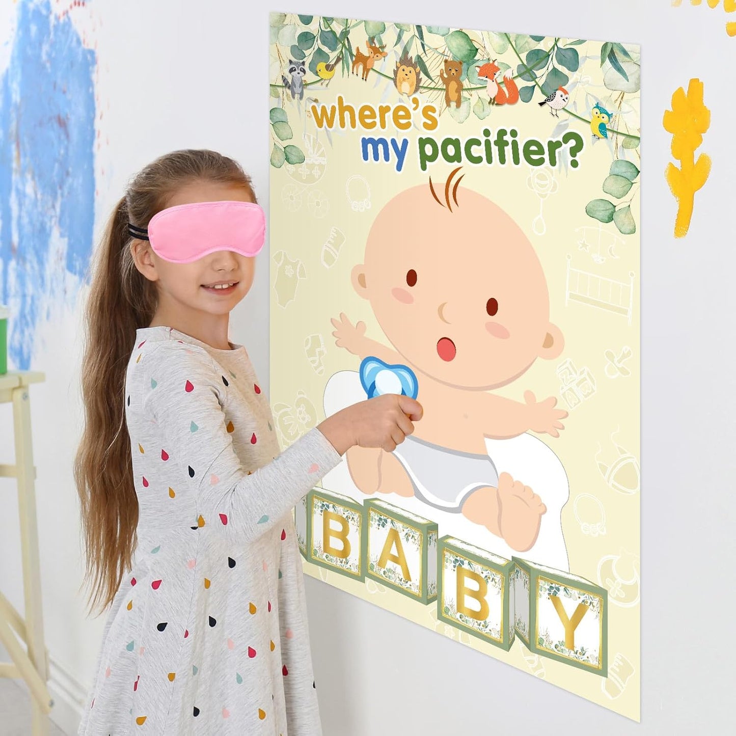 Pin The Pacifier on The Baby Game with 48 PCS Pacifier Stickers for Kids Girls Birthday 21'' x 28'' (Baby Shower)