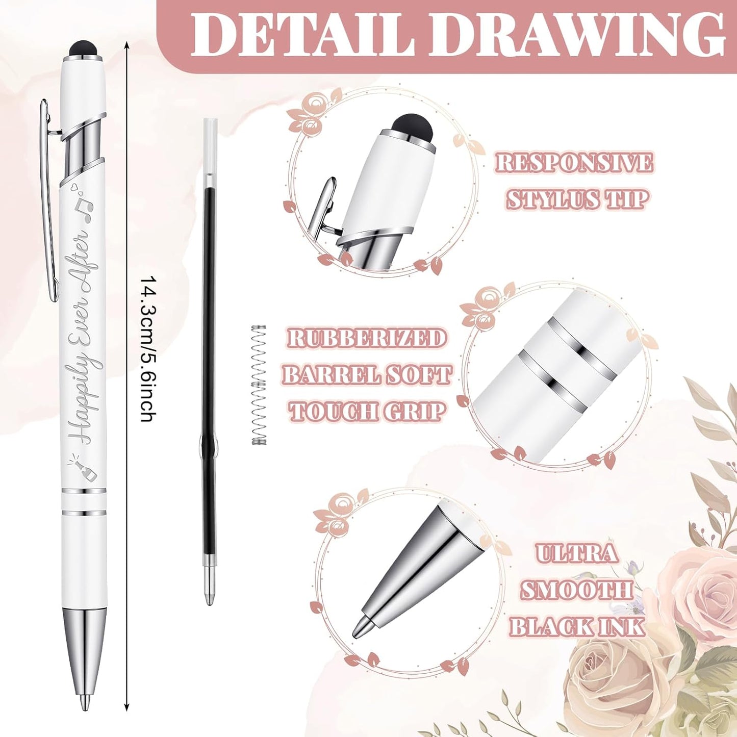 Kisston 36 Pcs Wedding Pens Bulk Bridal Shower Pens Favors Bachelorette 6 Styles Retractable Ballpoint Wedding Favors Supplies for Guest Game Office(White)